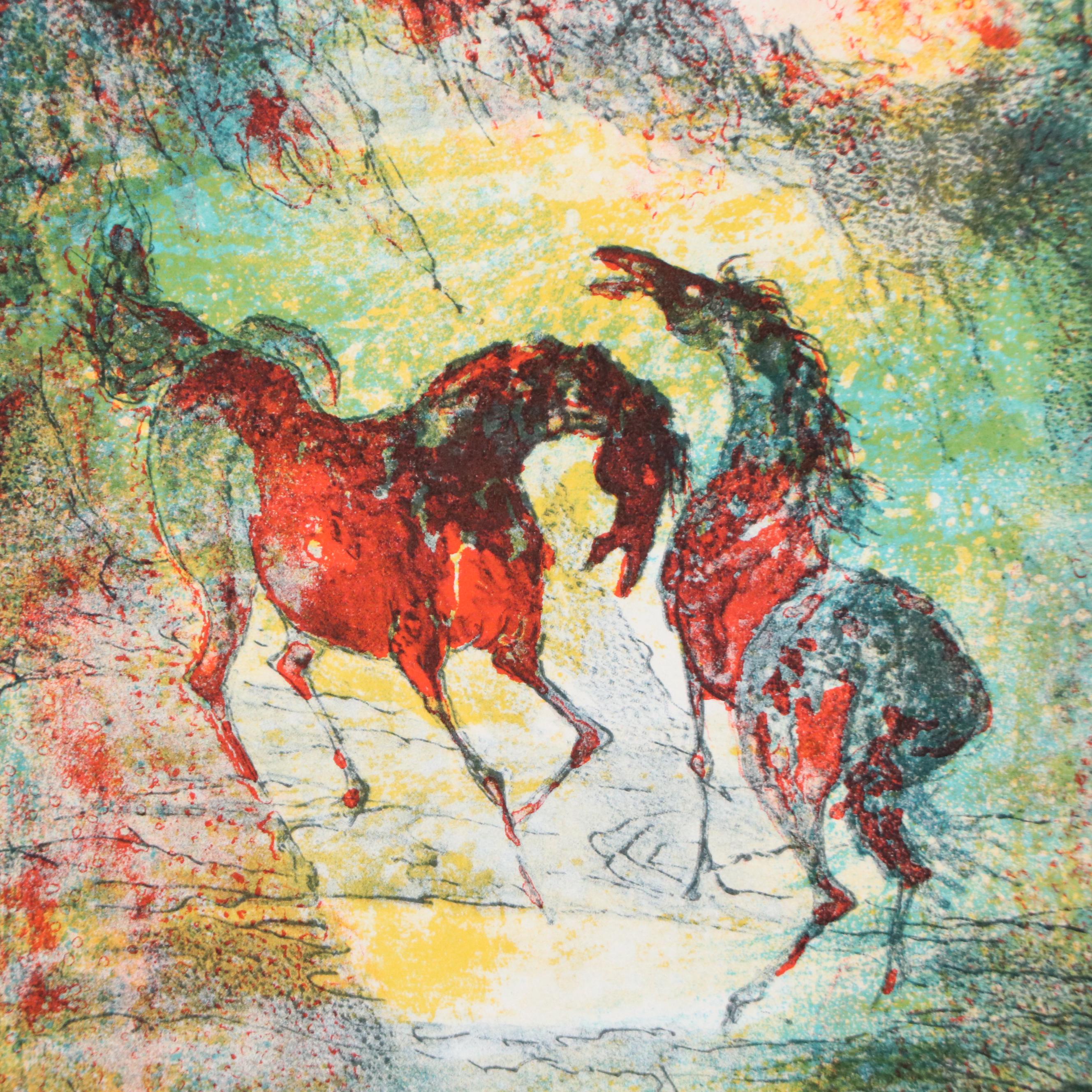 Hoi Lebadang Lithograph "Horses in Red and Blue"