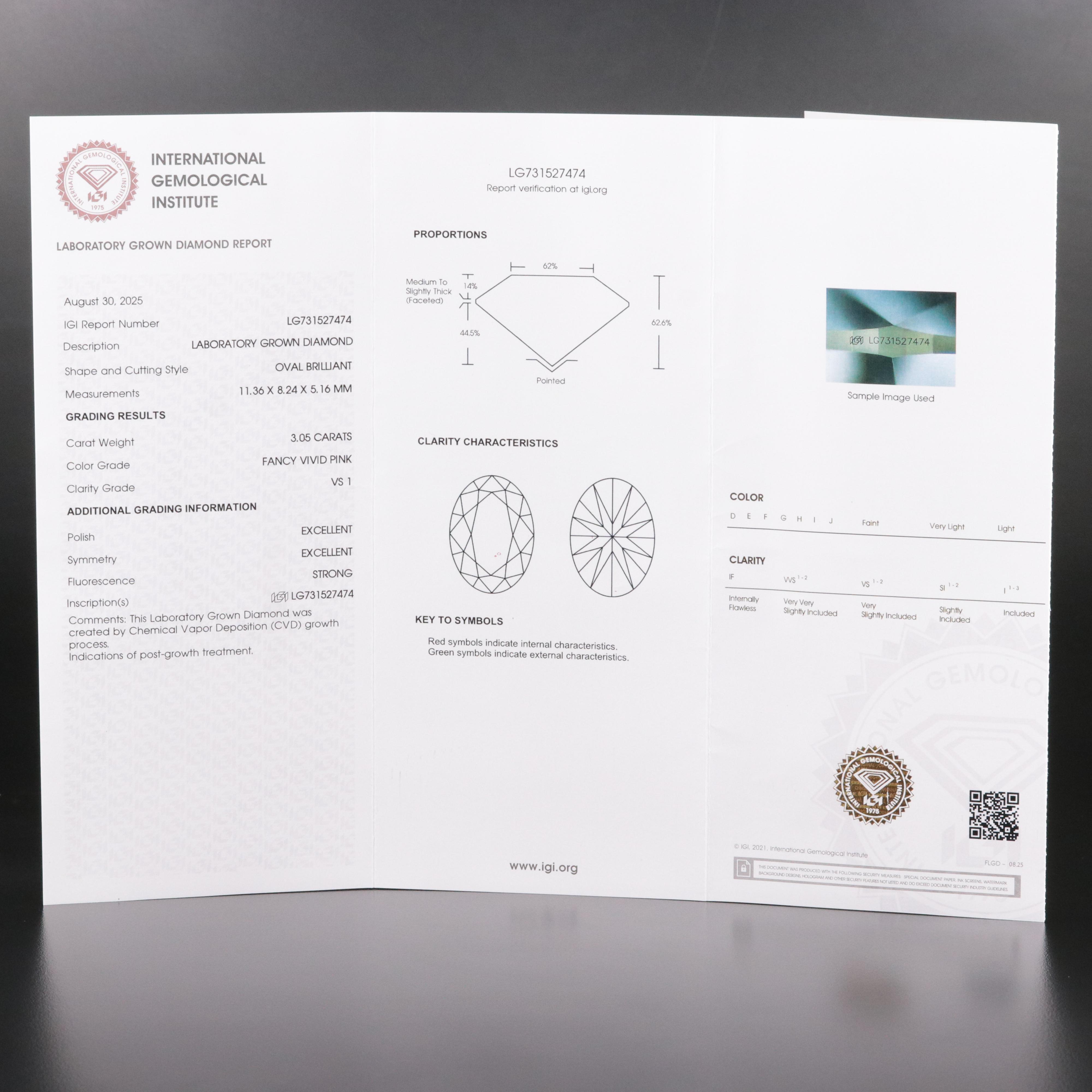 Loose 3.05 CT Lab Grown Fancy Pink Diamond with IGI Report