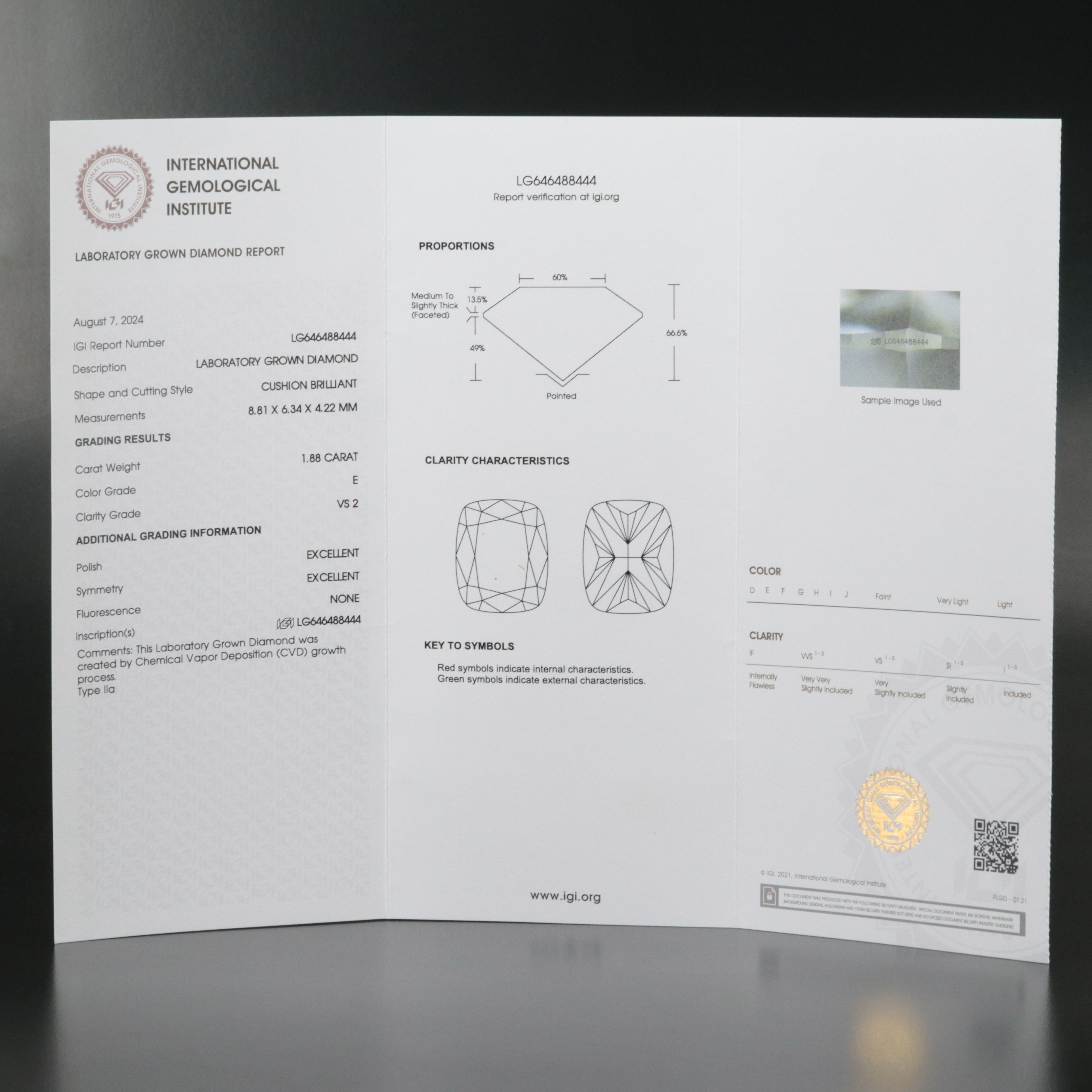Loose 1.88 CT Lab Grown Diamond with IGI Report