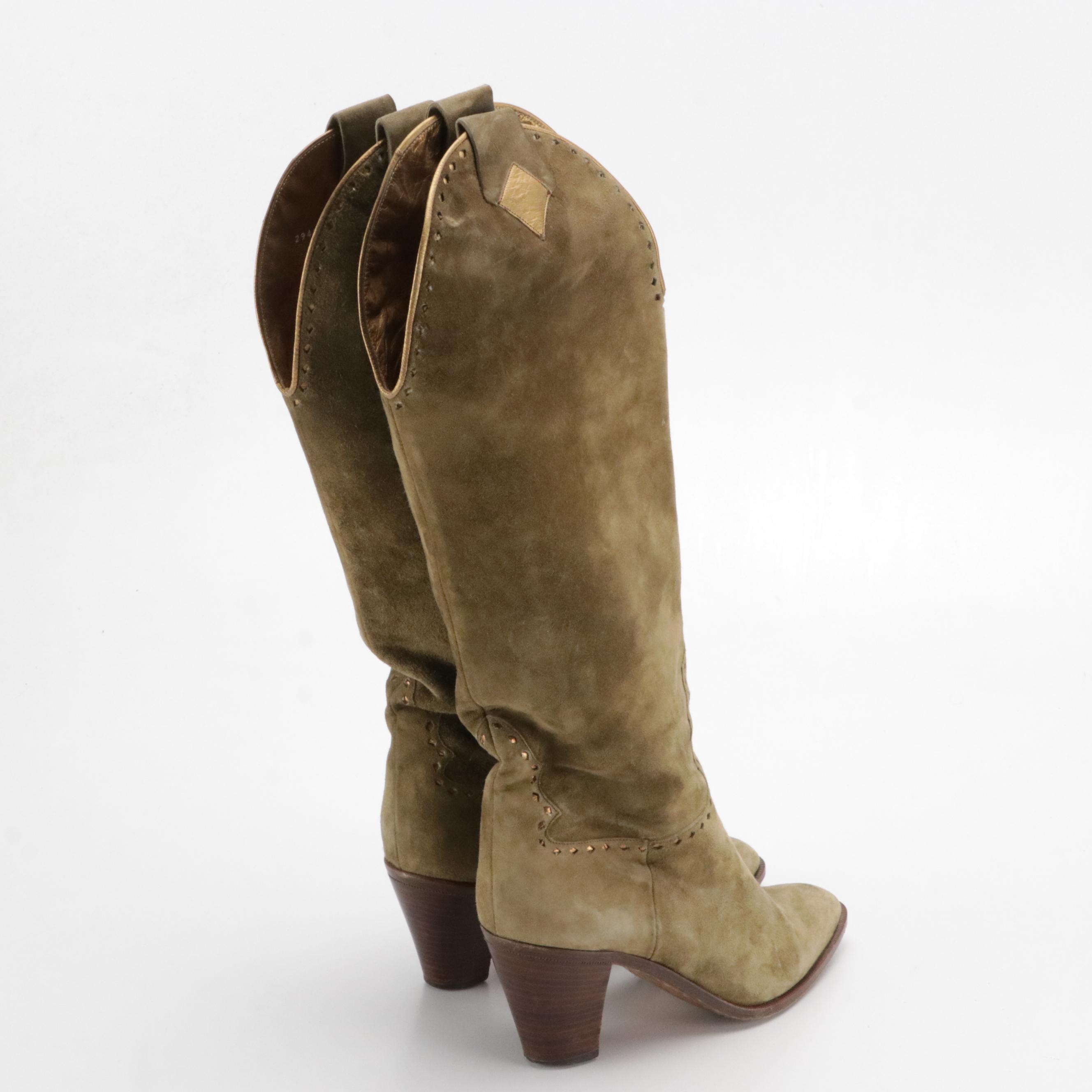 Walter Newberger for Wilkes Bashford Olive Suede Western Boots with Gold Accents