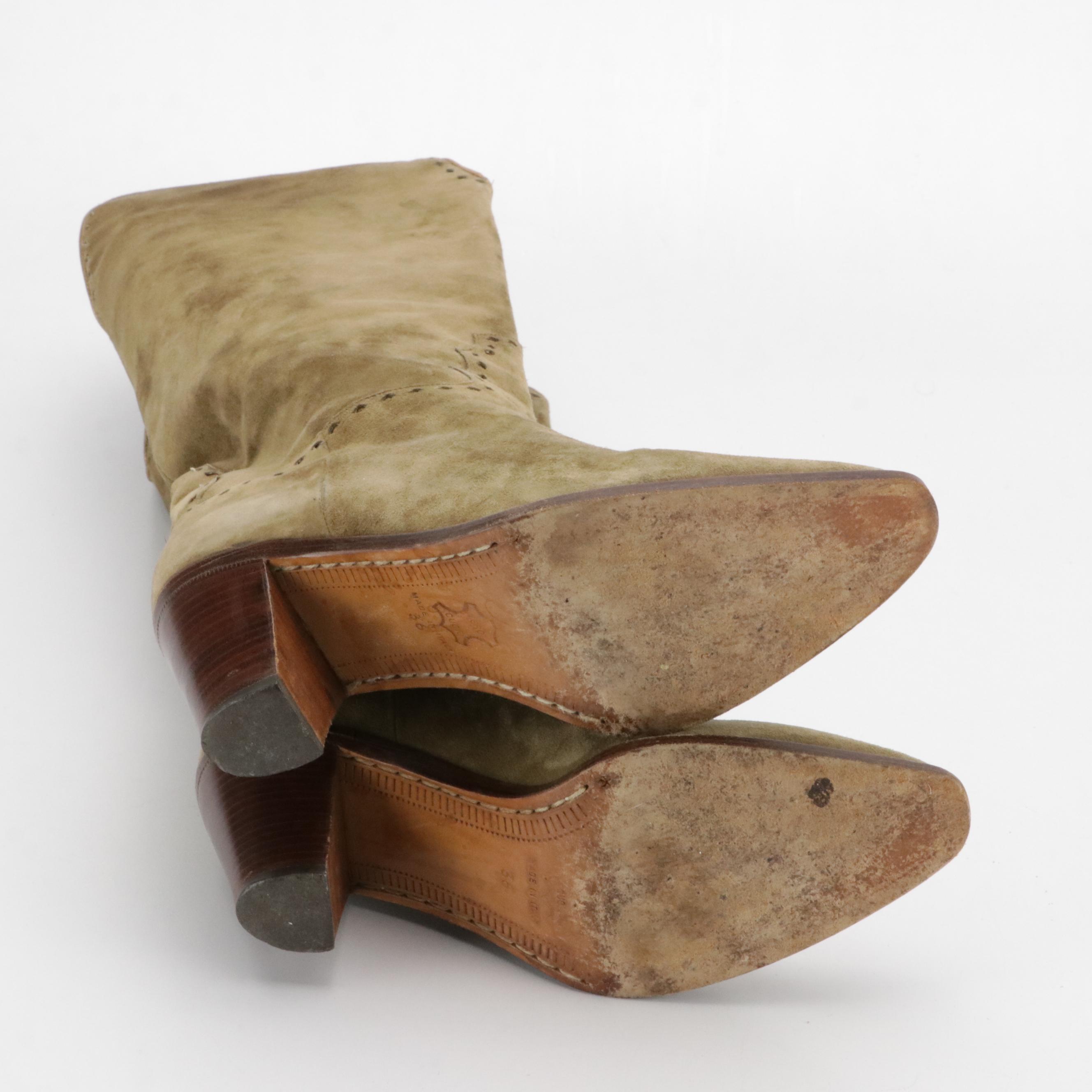 Walter Newberger for Wilkes Bashford Olive Suede Western Boots with Gold Accents