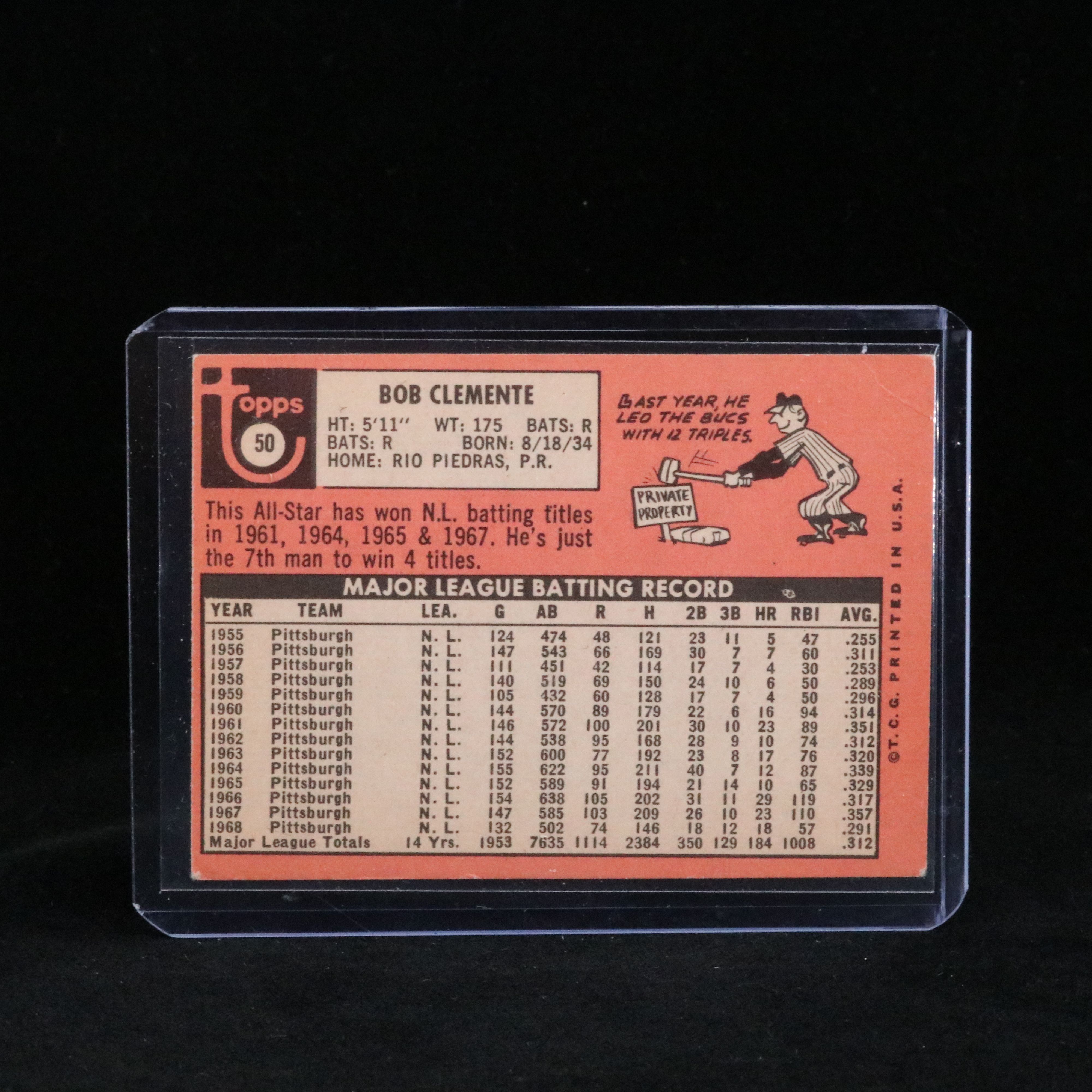 1969 Topps Roberto Clemente Pittsburgh Pirates Baseball Card