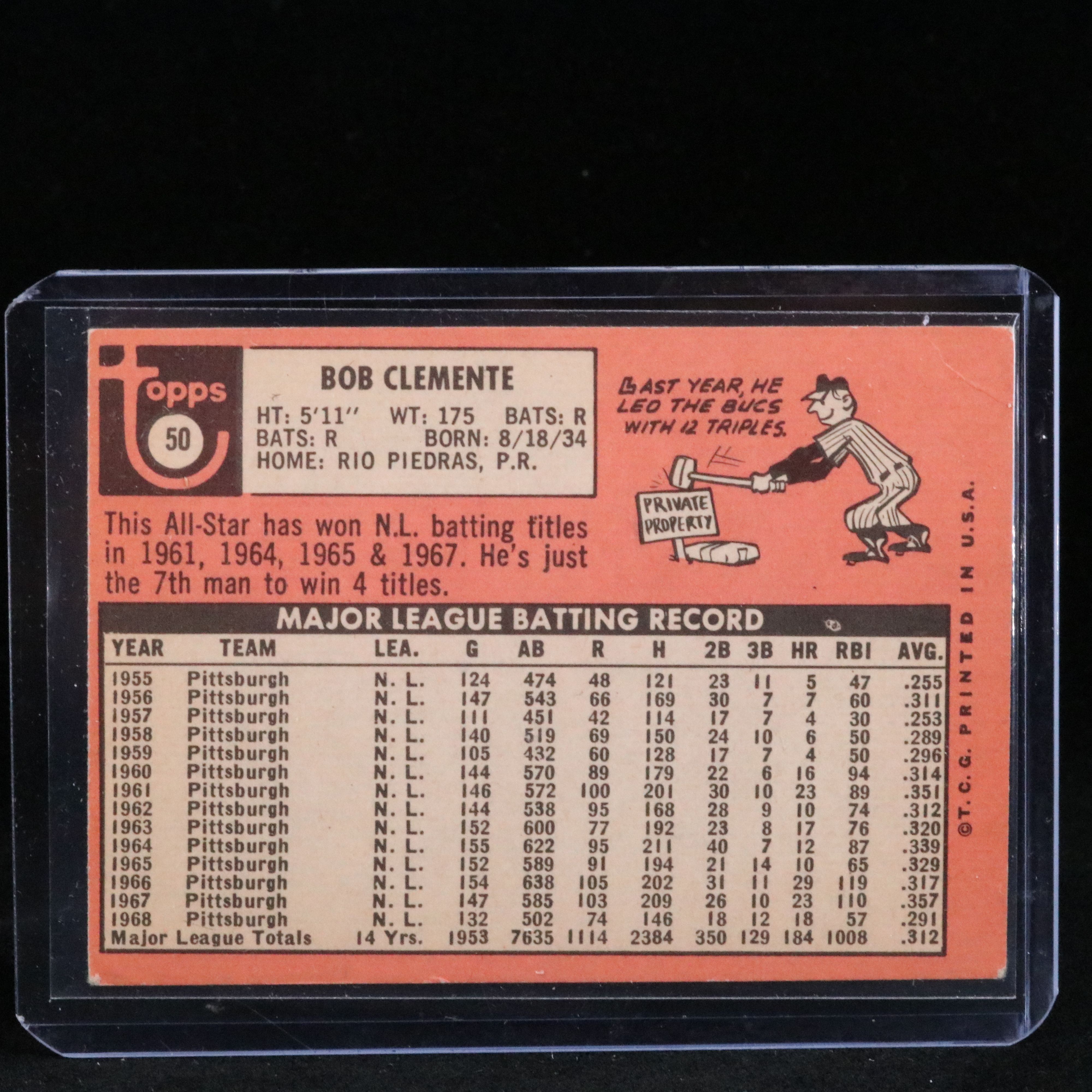 1969 Topps Roberto Clemente Pittsburgh Pirates Baseball Card