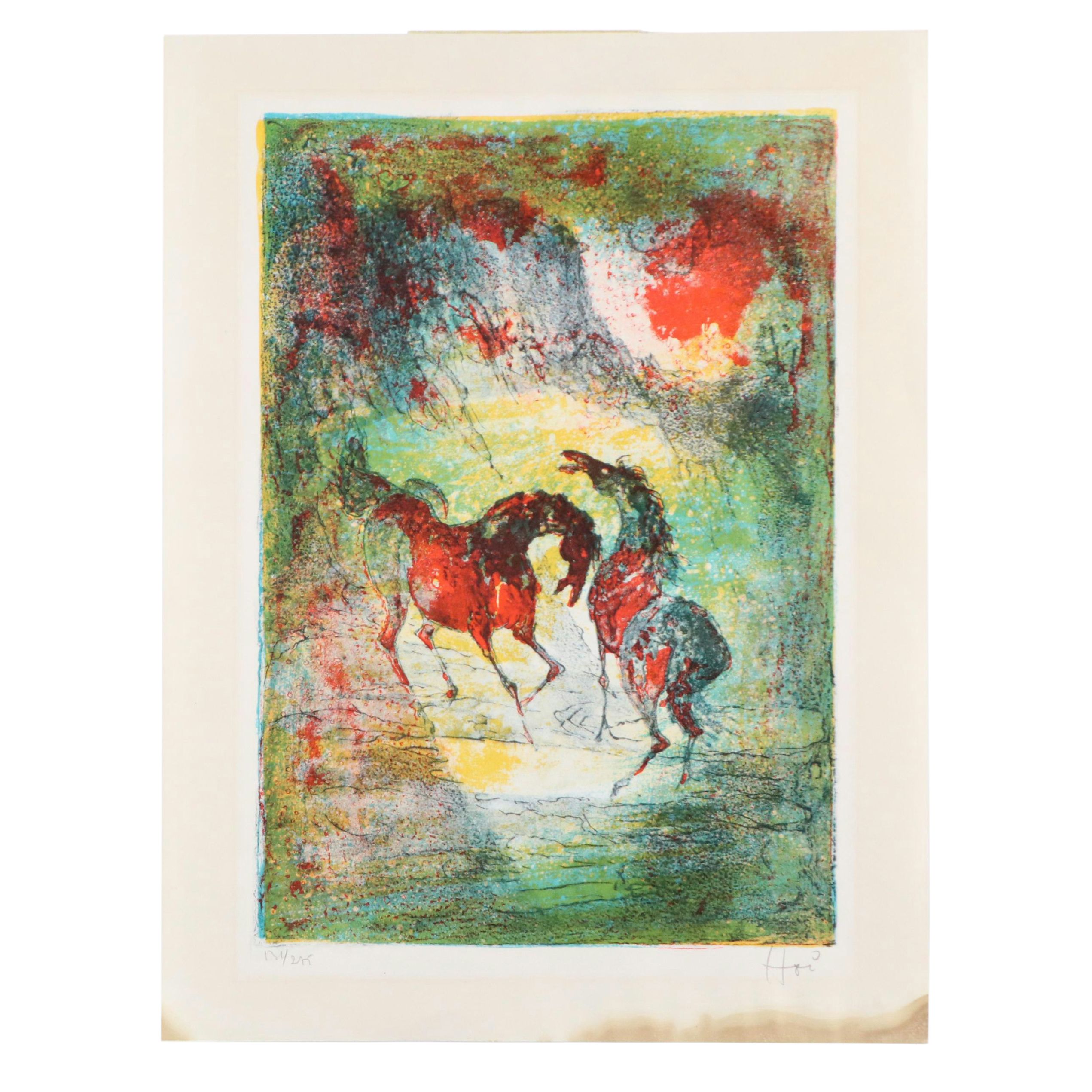 Hoi Lebadang Lithograph "Horses in Red and Blue"