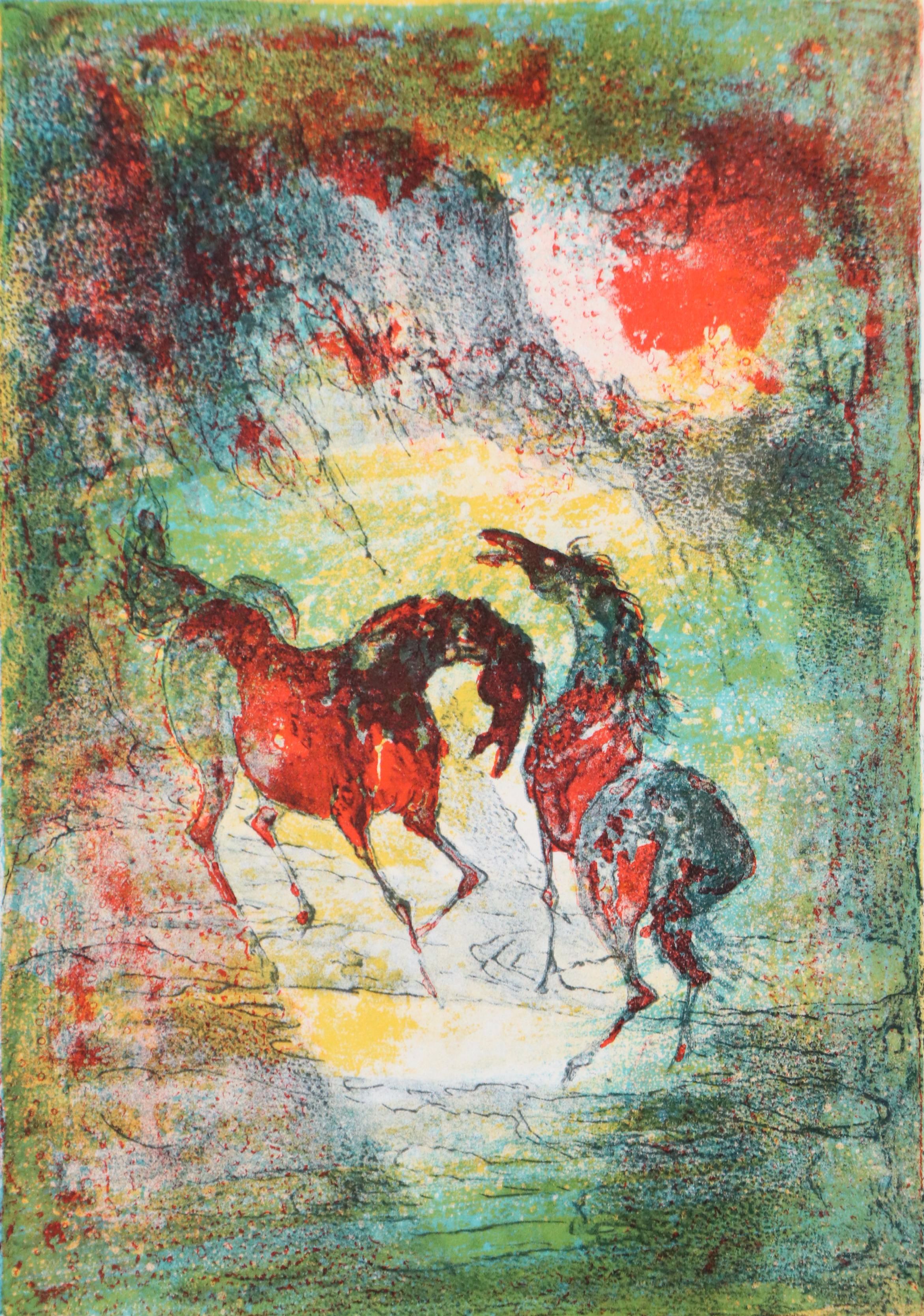 Hoi Lebadang Lithograph "Horses in Red and Blue"
