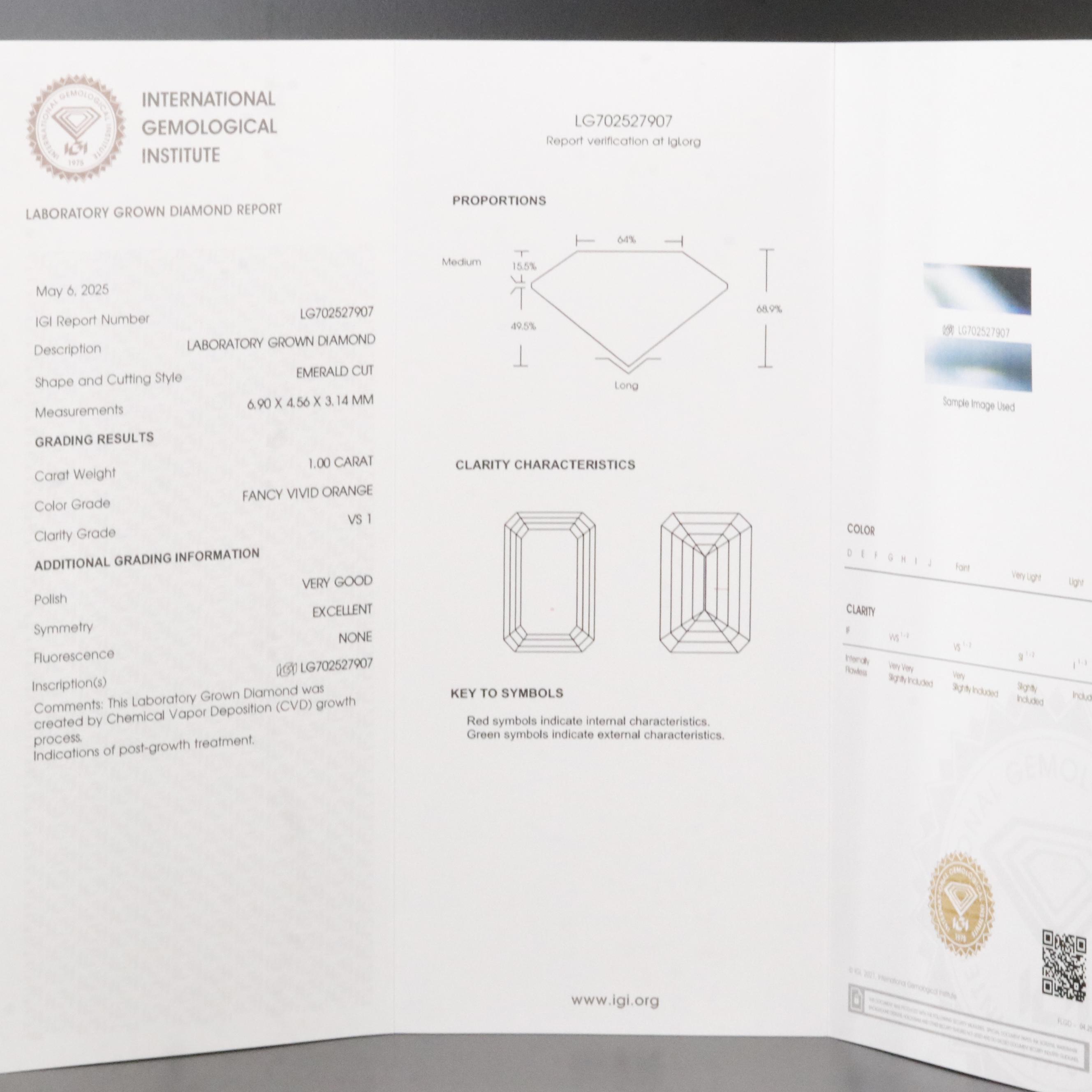 Loose 1.00 CT Lab Grown Fancy Orange Diamond with IGI Report