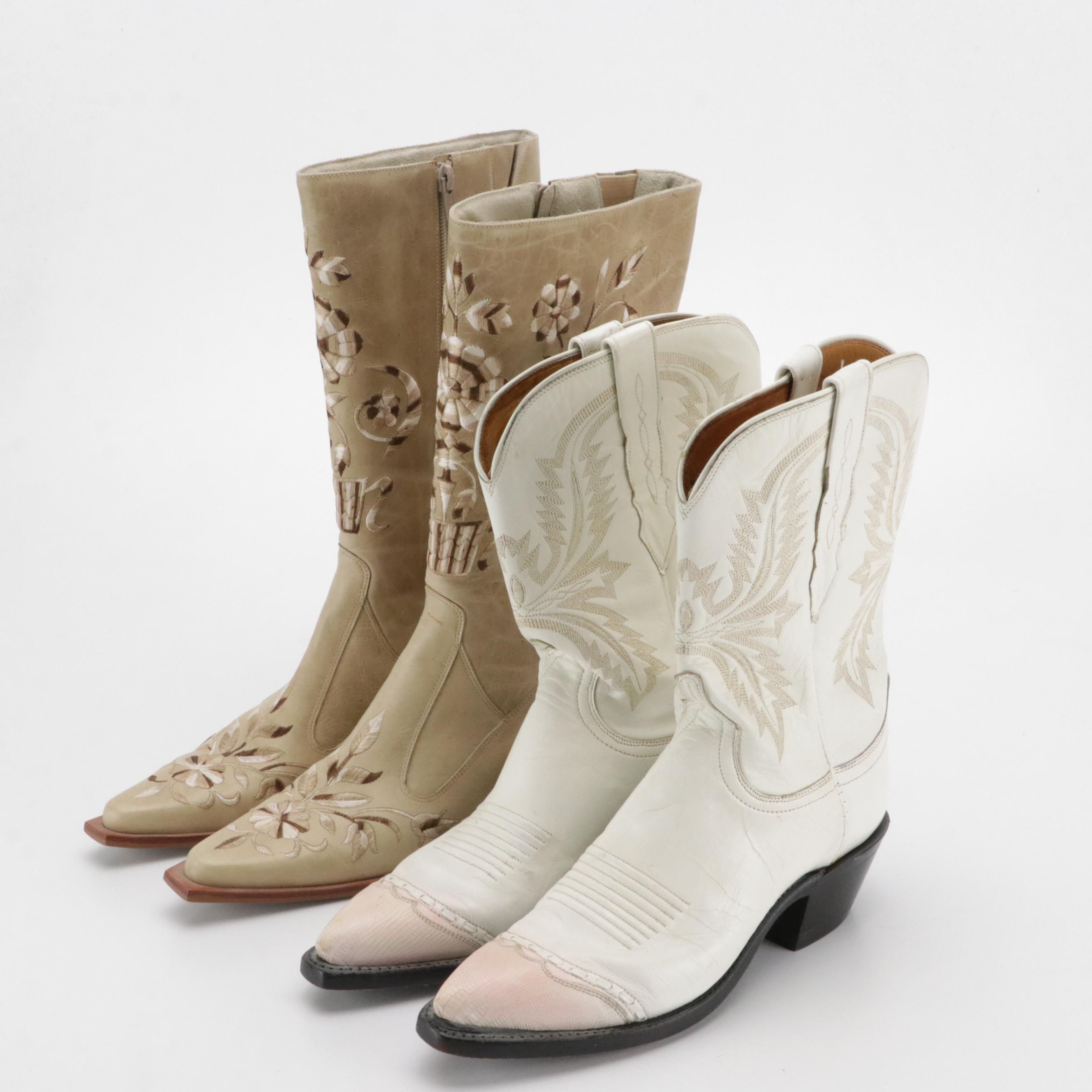 Lucchese White Leather Cowgirl Boots & Matisse Embroidered Leather Western Boots