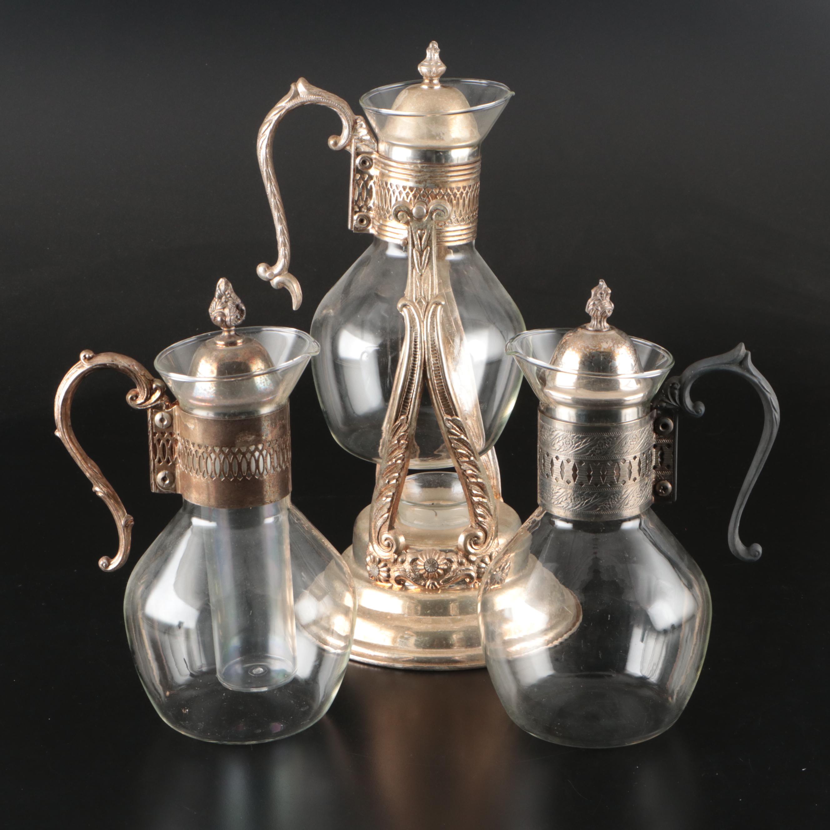 Victorian Style Silver Plate Coffee Warmer with Other Glass Carafes