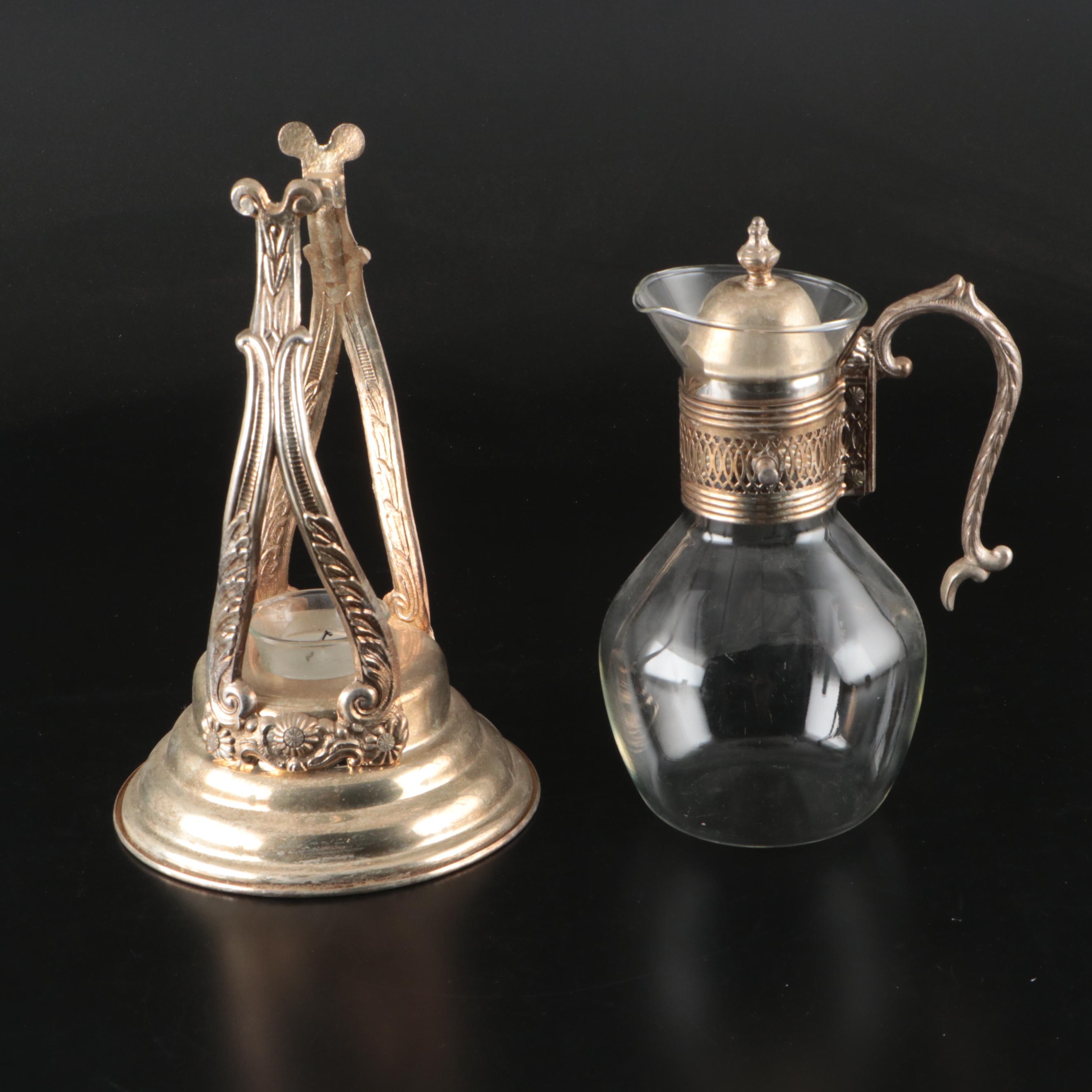 Victorian Style Silver Plate Coffee Warmer with Other Glass Carafes