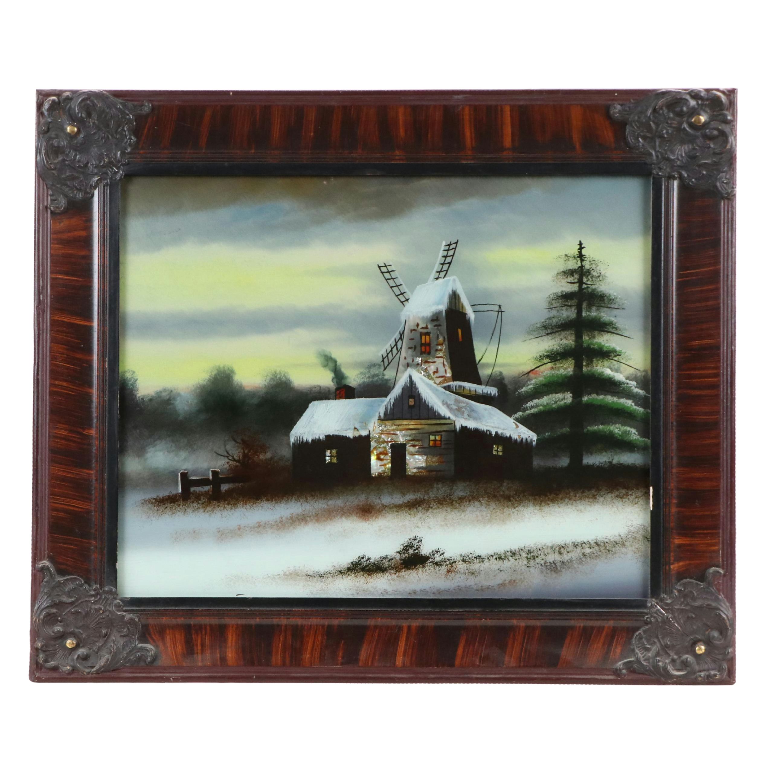 Reverse Glass Painting of Winter Cottage with Windmill
