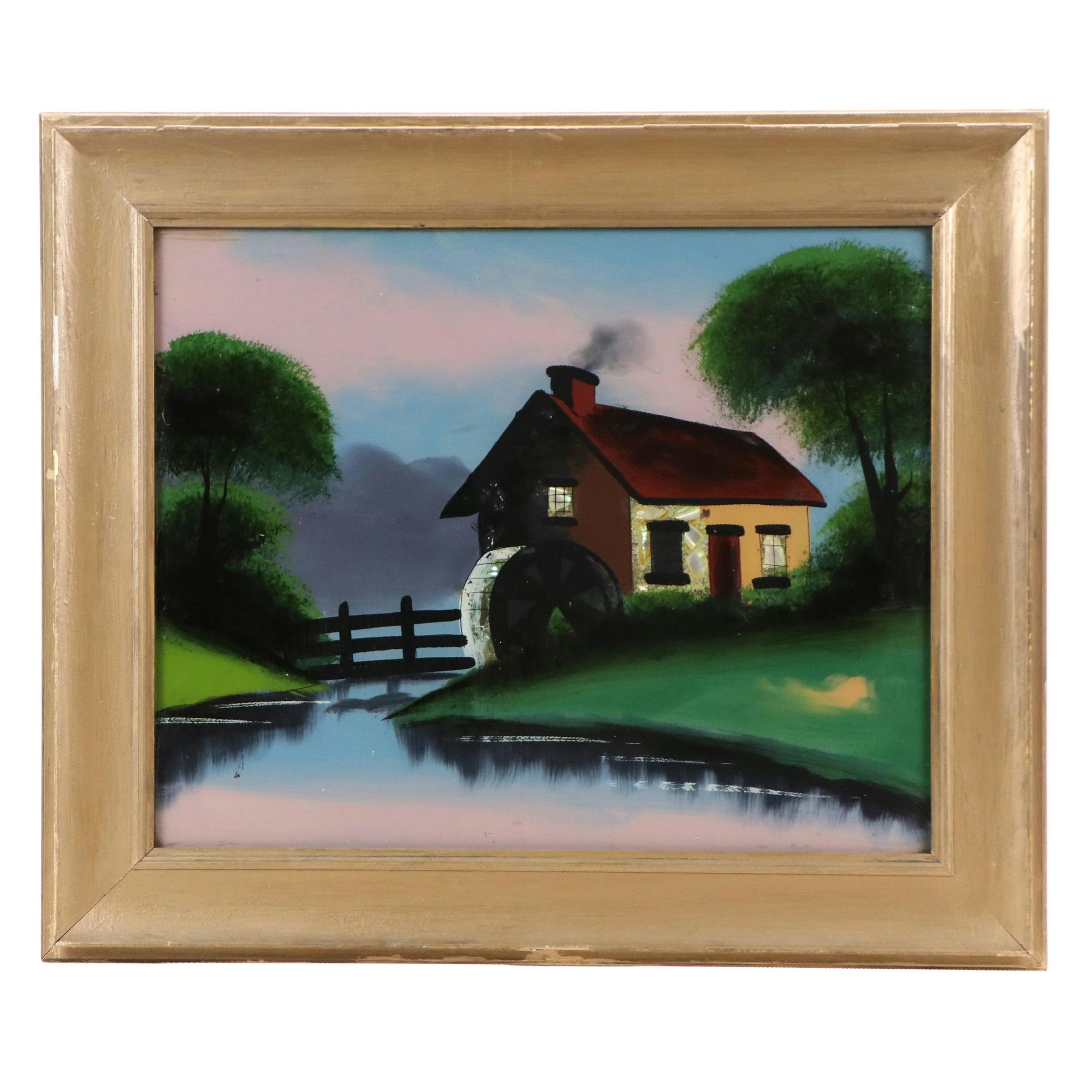 Reverse Glass Painting of Riverside Cottage with Watermill