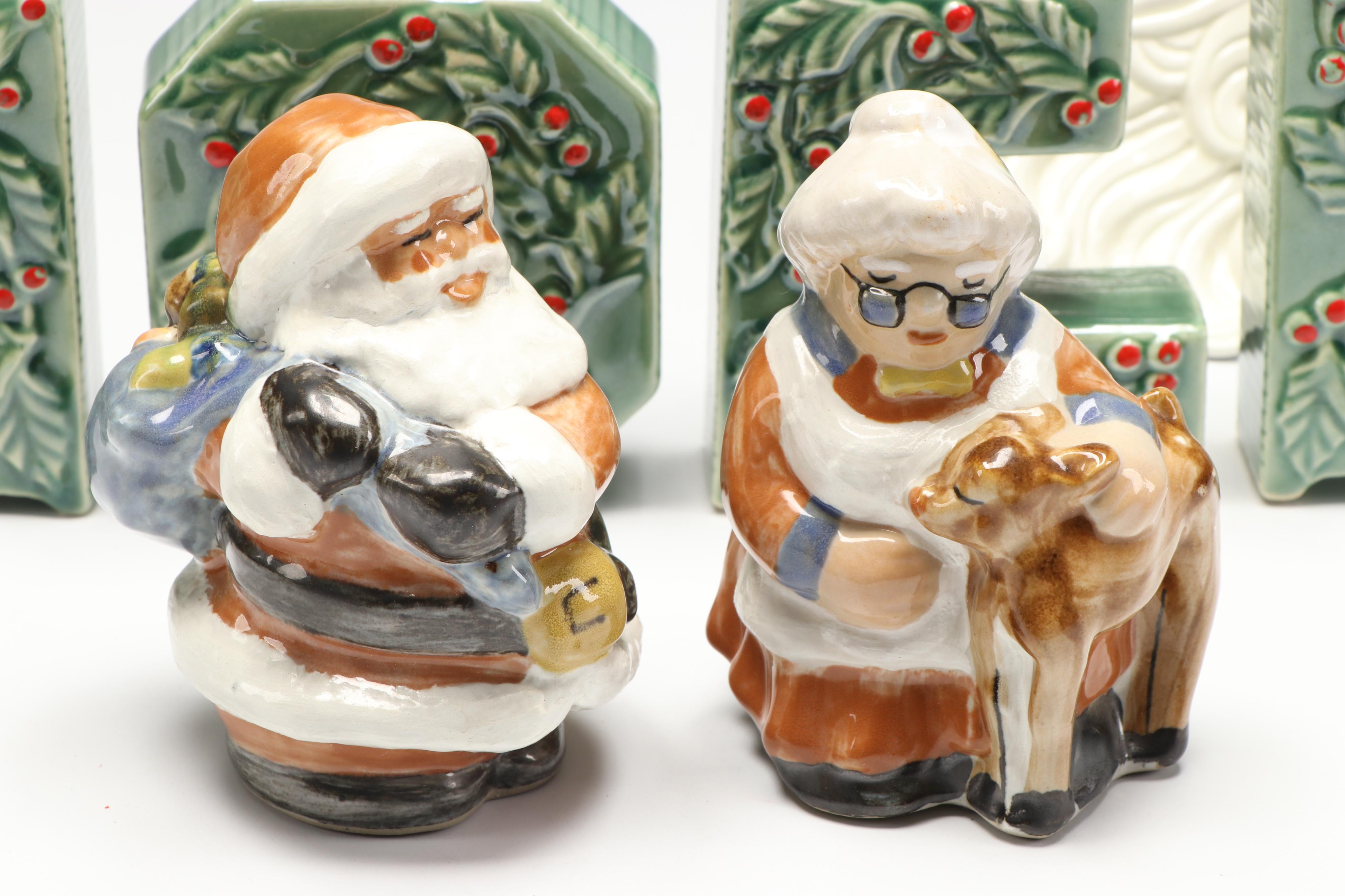 Louisville Stoneware Mr. and Mrs. Claus Figurines with Other Seasonal Décor