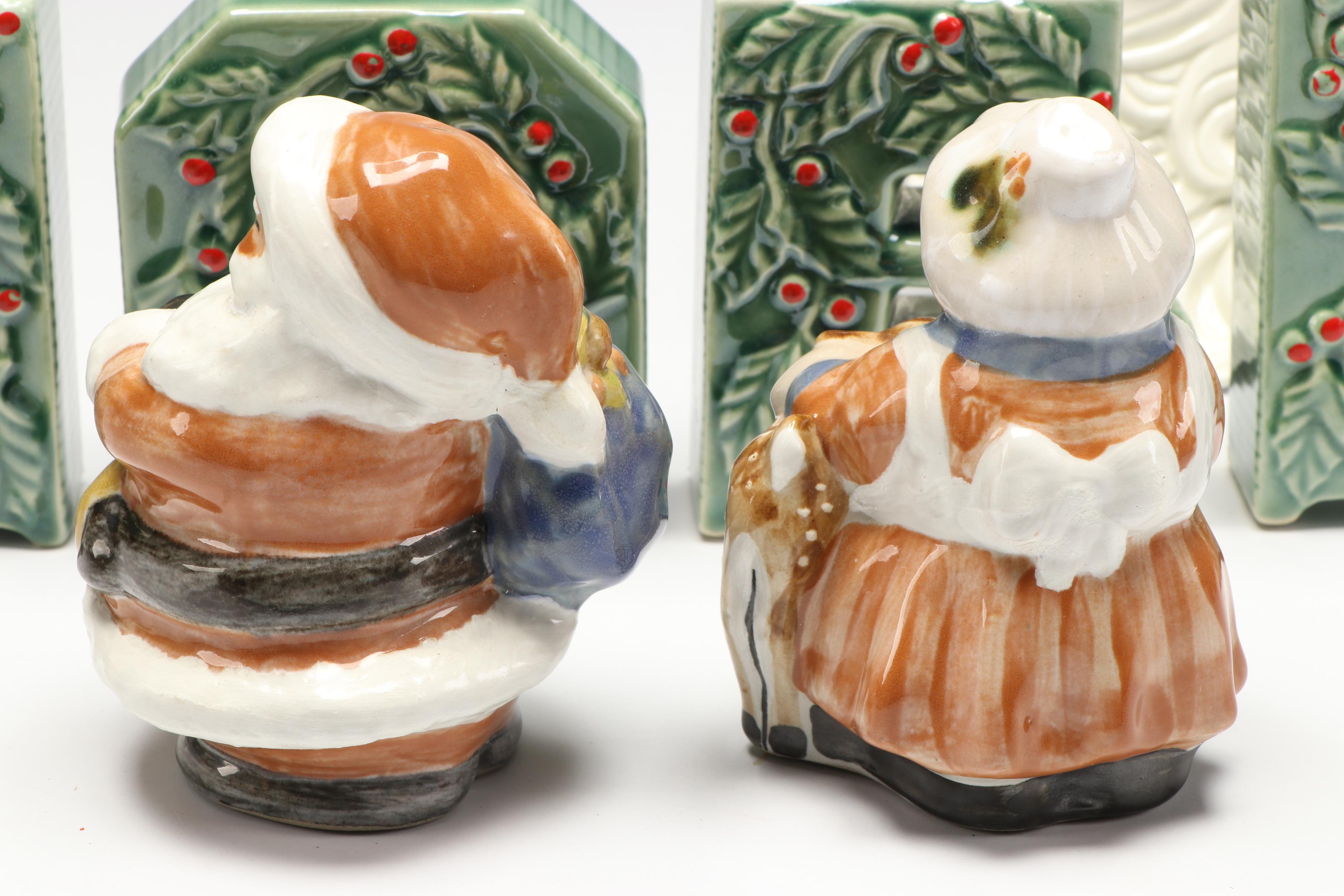 Louisville Stoneware Mr. and Mrs. Claus Figurines with Other Seasonal Décor
