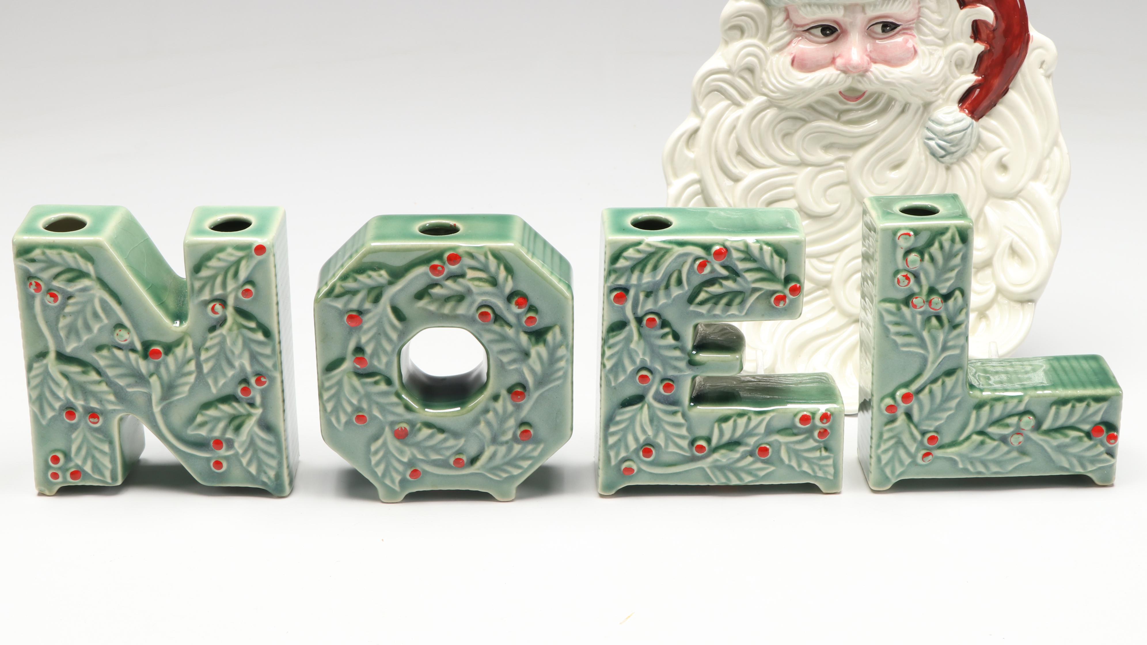 Louisville Stoneware Mr. and Mrs. Claus Figurines with Other Seasonal Décor