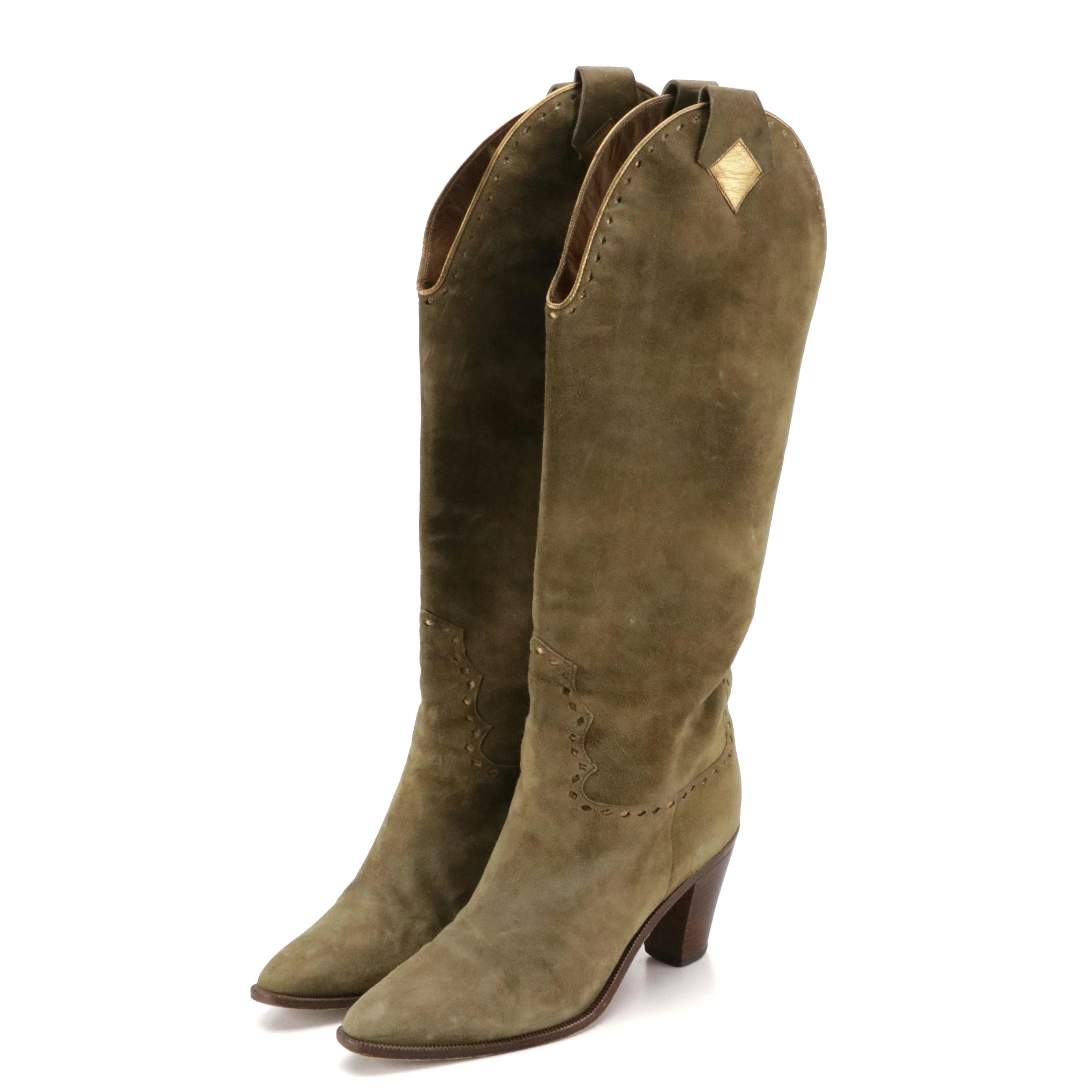 Walter Newberger for Wilkes Bashford Olive Suede Western Boots with Gold Accents