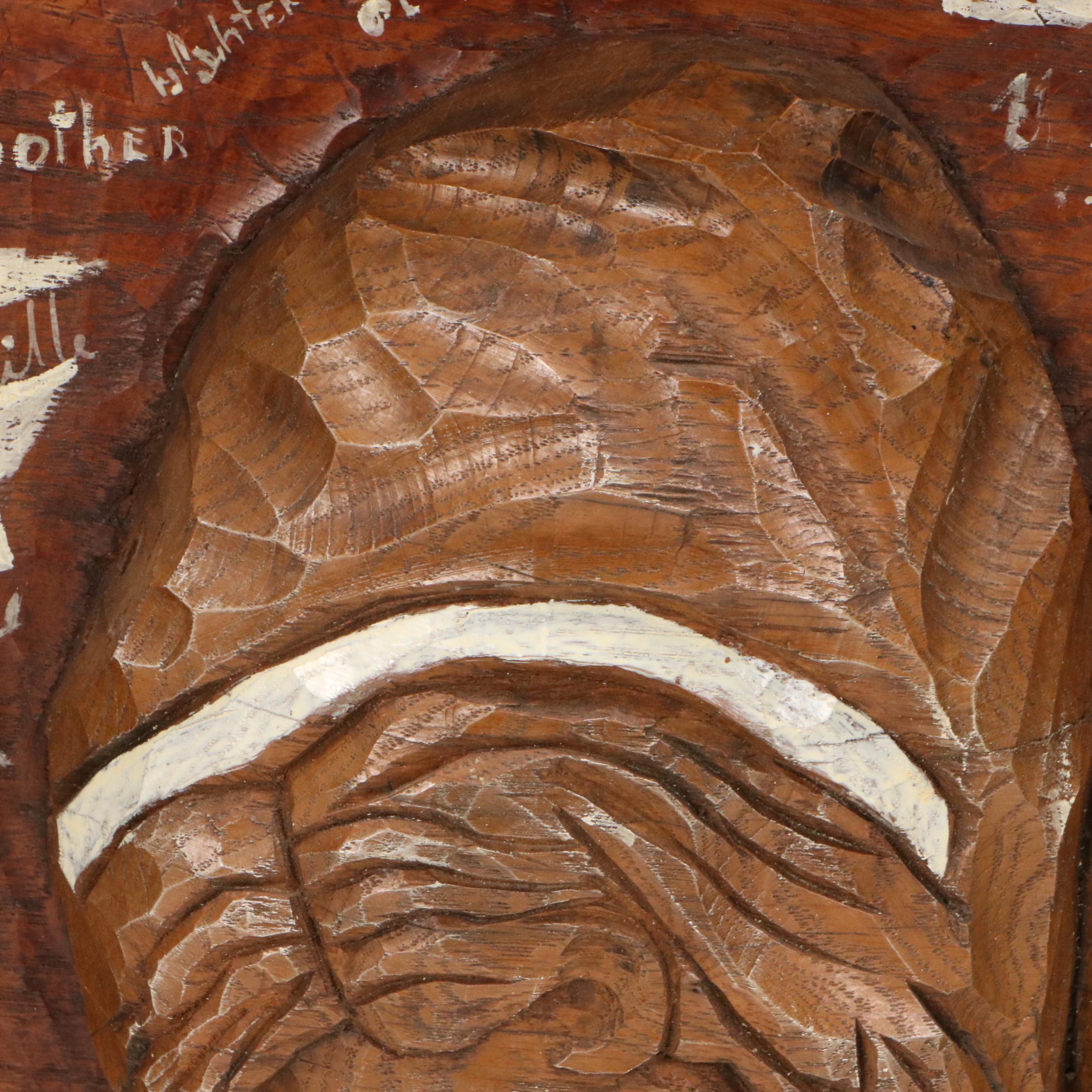 Mike Makras Carved Oak Sculpture "Blind Lemon / Mahogany Hall," 1970s