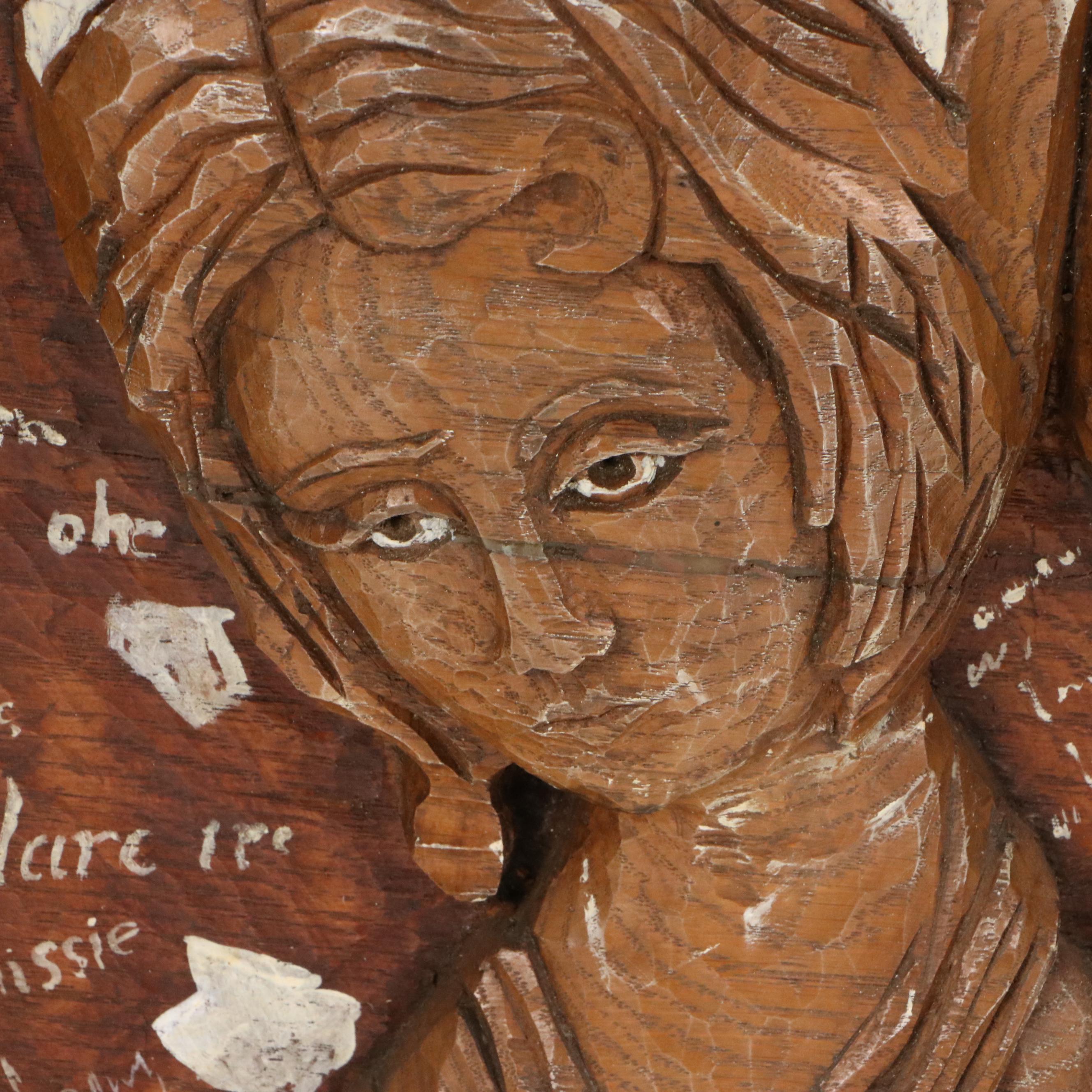 Mike Makras Carved Oak Sculpture "Blind Lemon / Mahogany Hall," 1970s