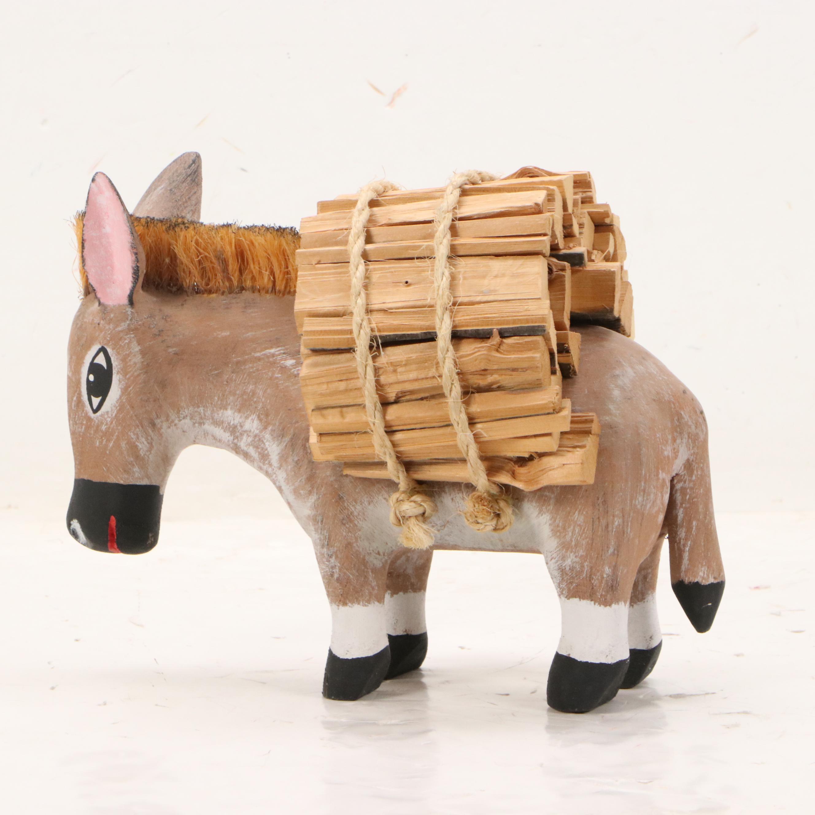 Hector Rascon Carved Wooden Burro with Wood Stack, 1990