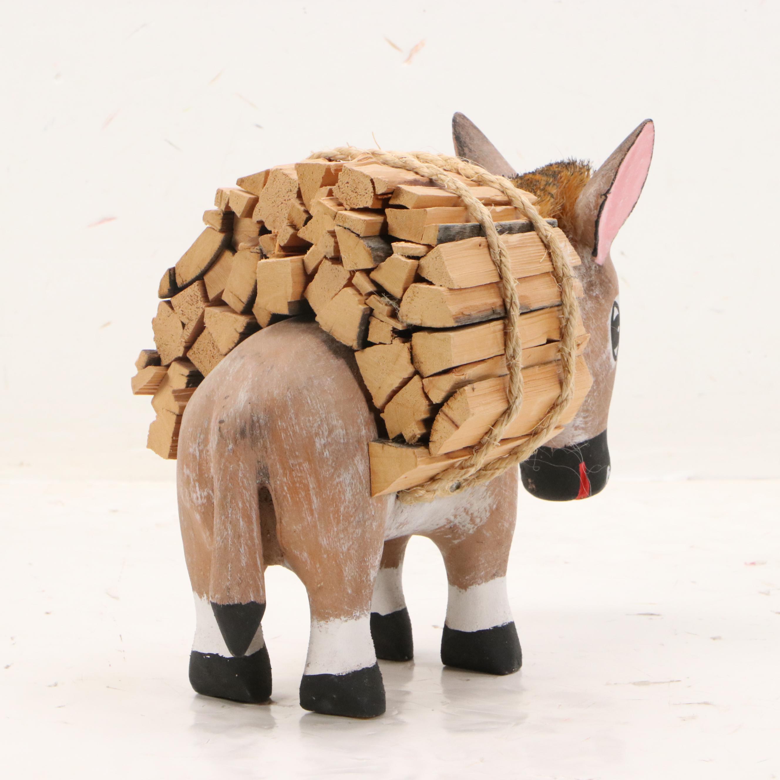 Hector Rascon Carved Wooden Burro with Wood Stack, 1990