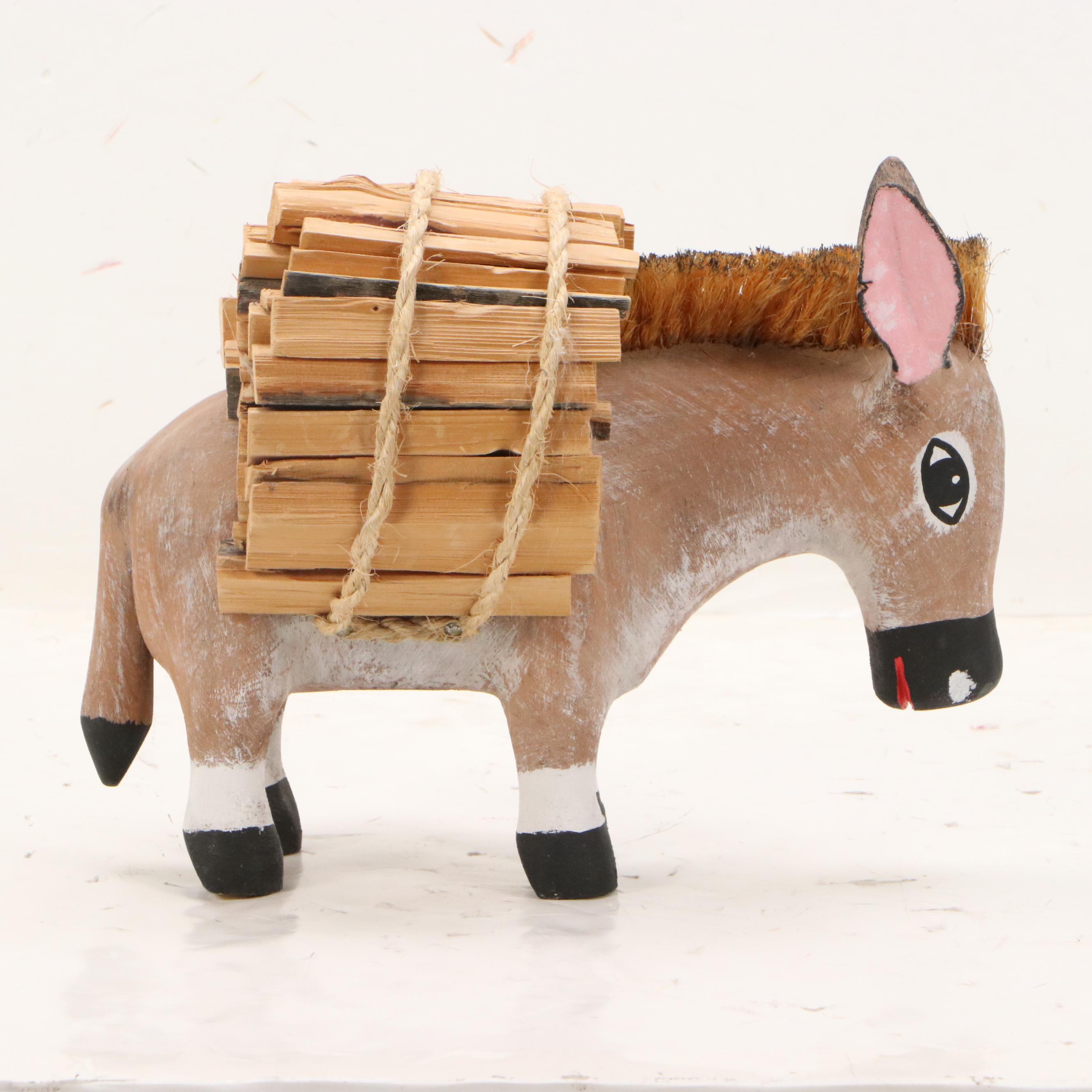 Hector Rascon Carved Wooden Burro with Wood Stack, 1990