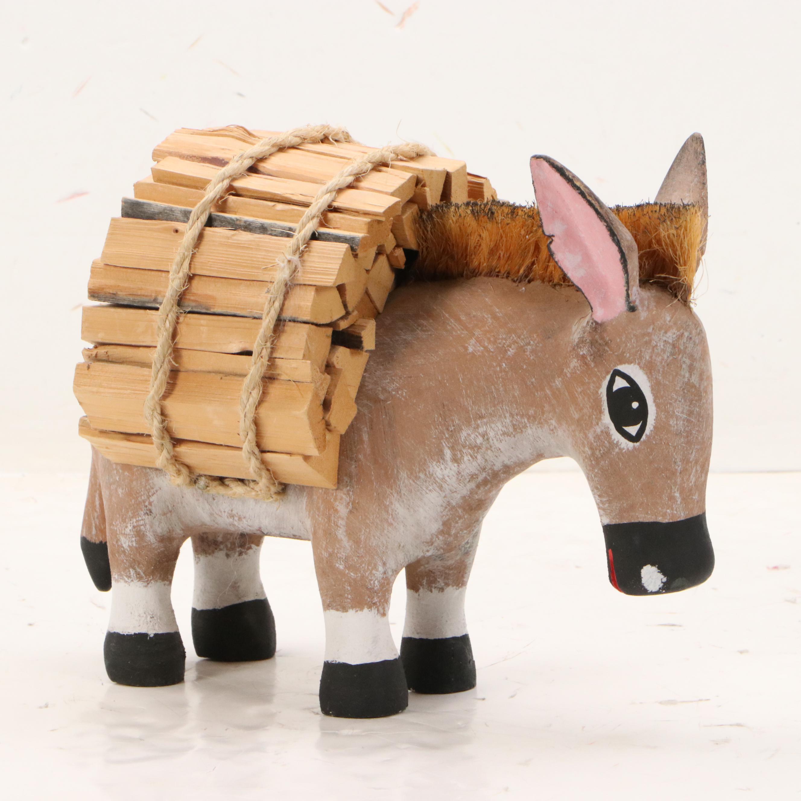 Hector Rascon Carved Wooden Burro with Wood Stack, 1990