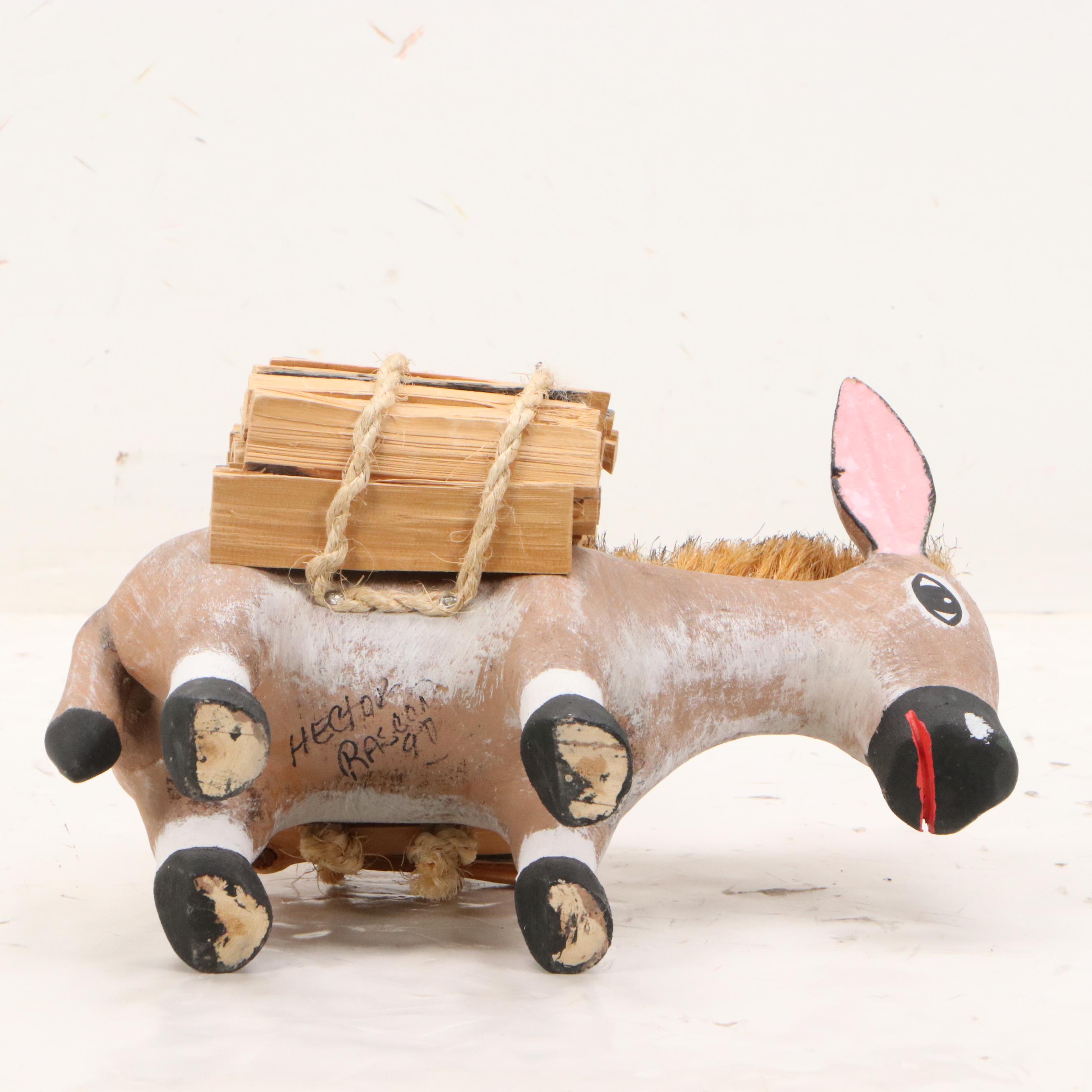 Hector Rascon Carved Wooden Burro with Wood Stack, 1990