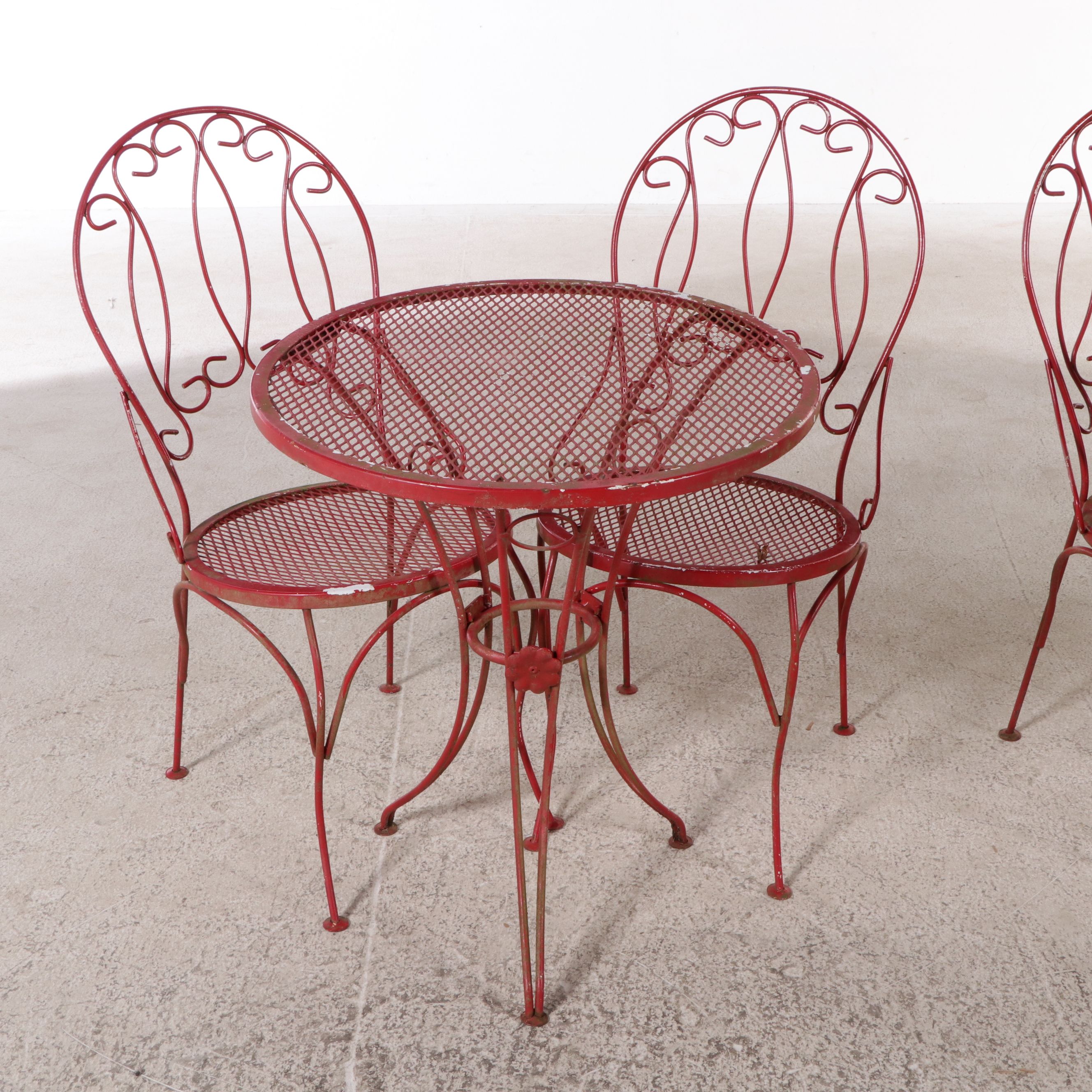 Two Red-Painted Wrought Iron Patio Bistro Dining Sets