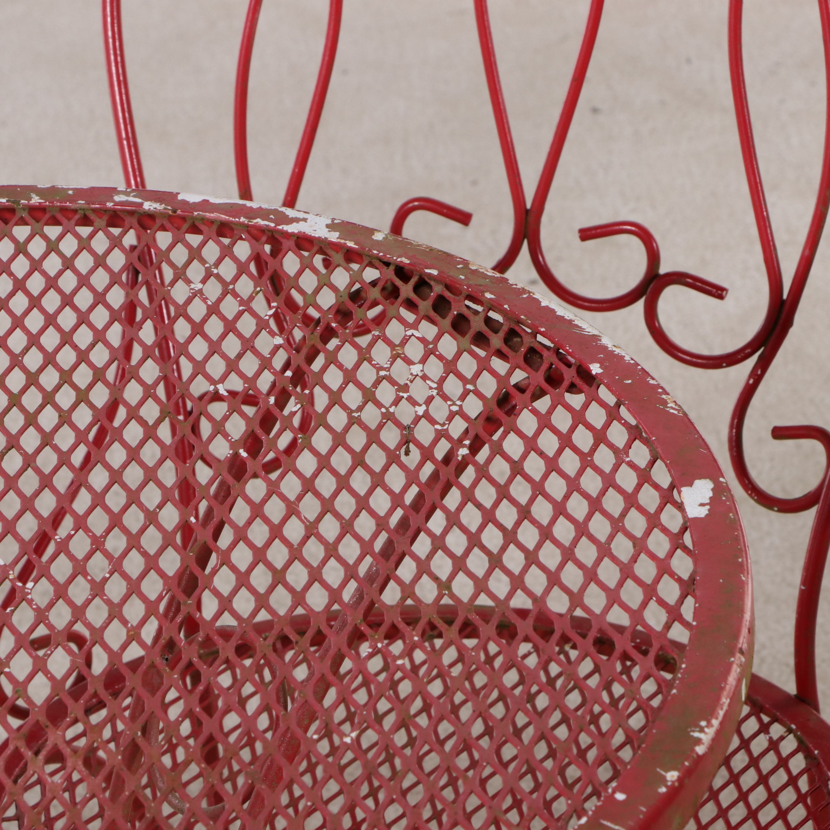 Two Red-Painted Wrought Iron Patio Bistro Dining Sets