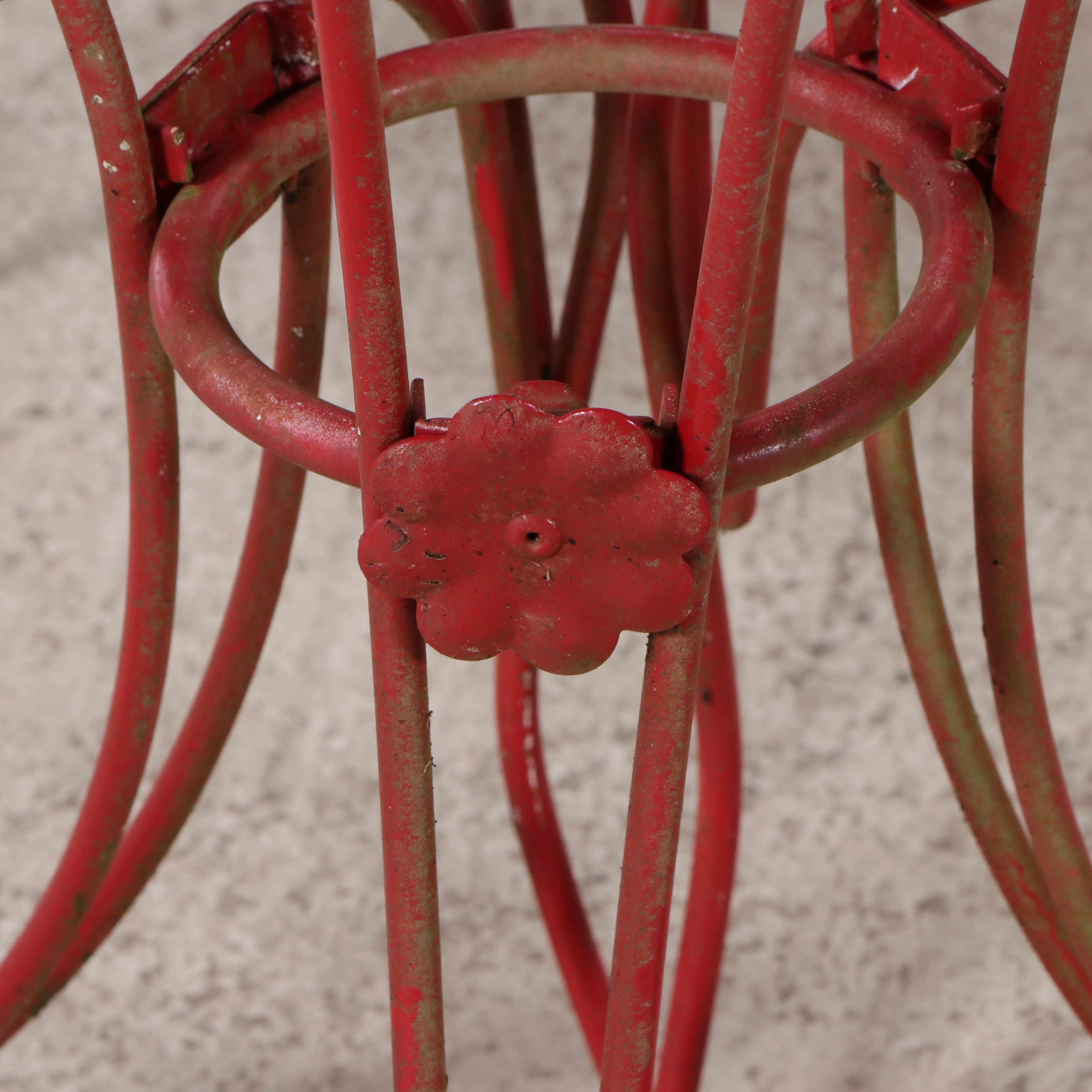 Two Red-Painted Wrought Iron Patio Bistro Dining Sets