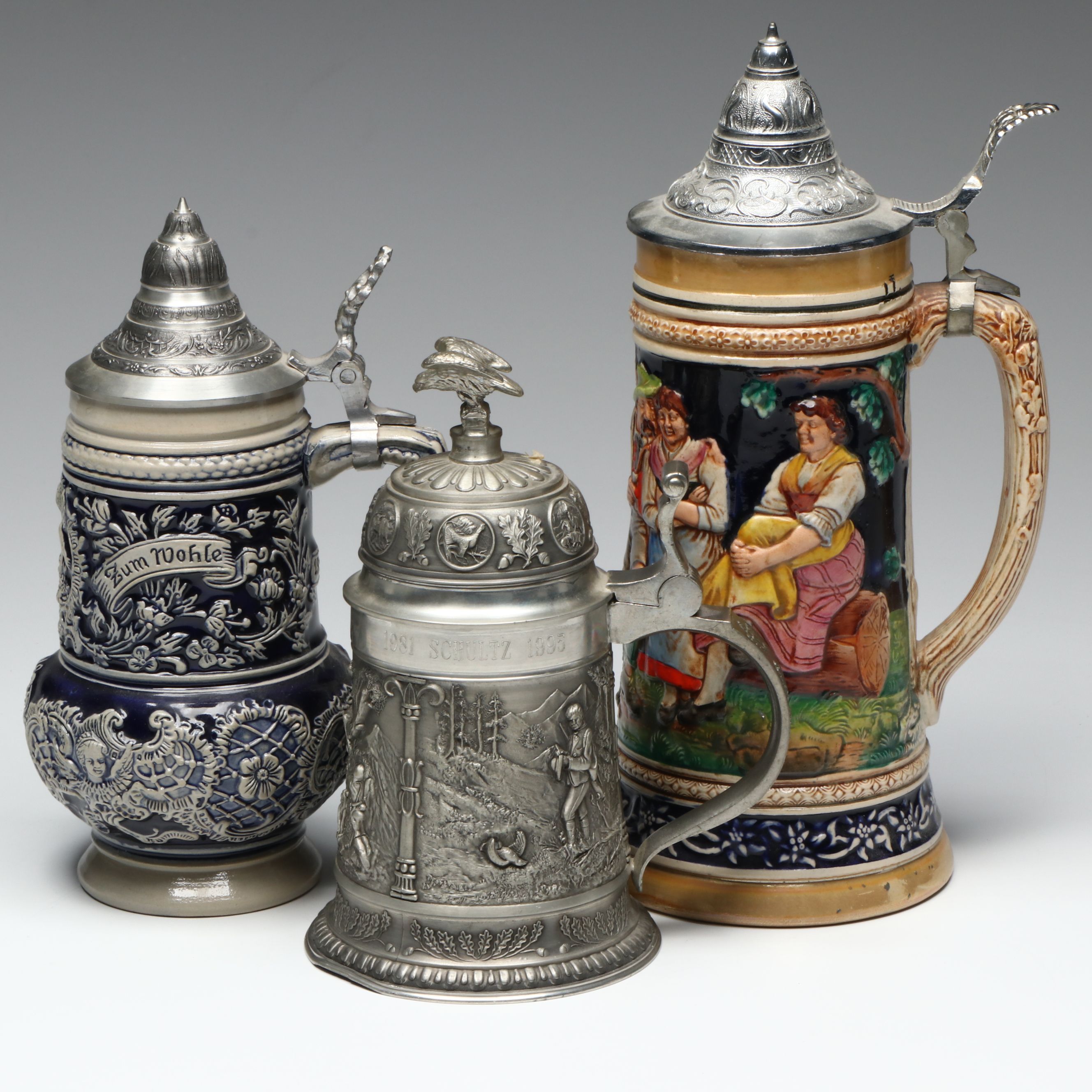 Thewalt and Reinhold Merkelbach Salt Glazed Stoneware Steins with SKS Tin Stein