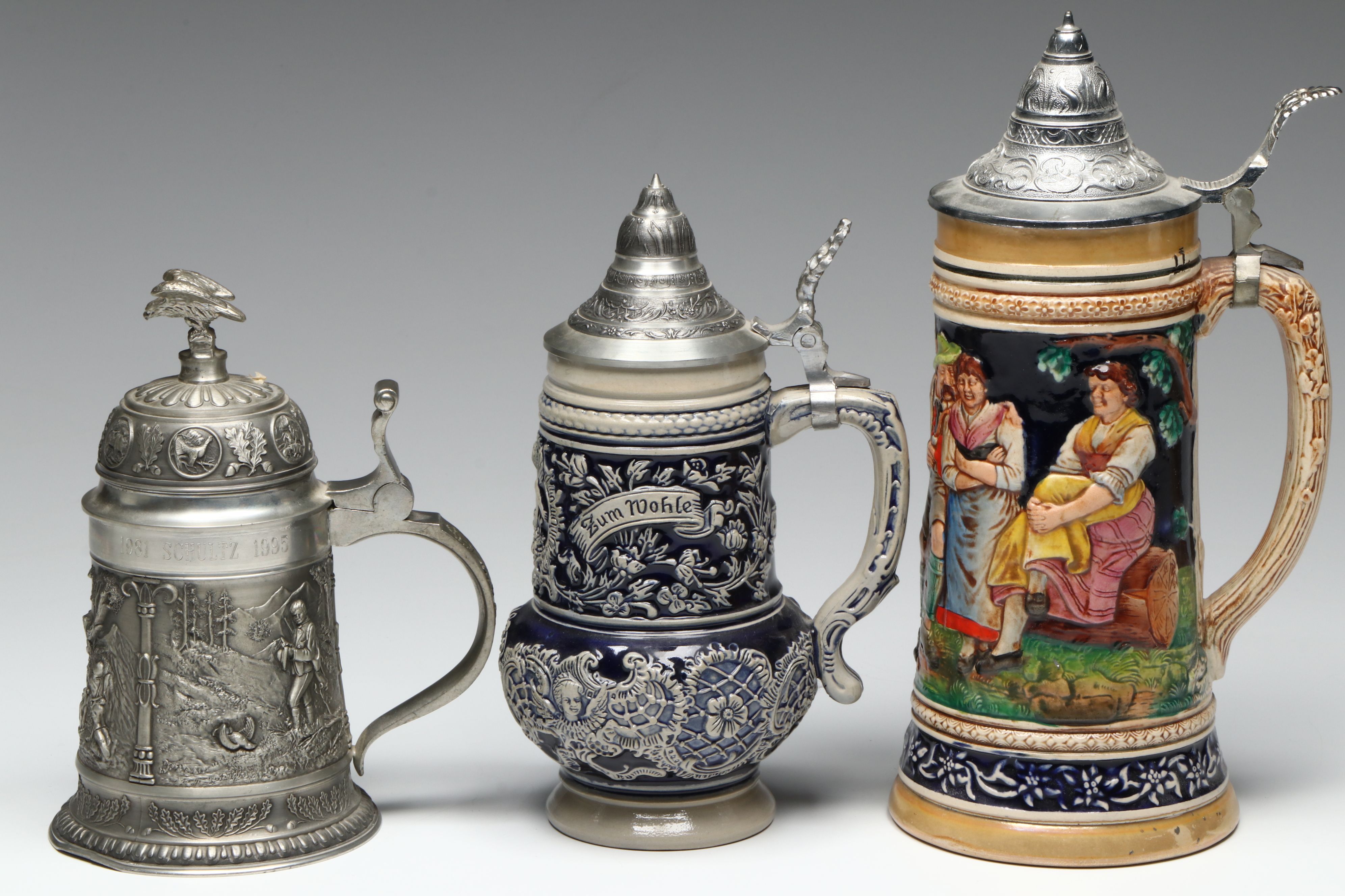 Thewalt and Reinhold Merkelbach Salt Glazed Stoneware Steins with SKS Tin Stein