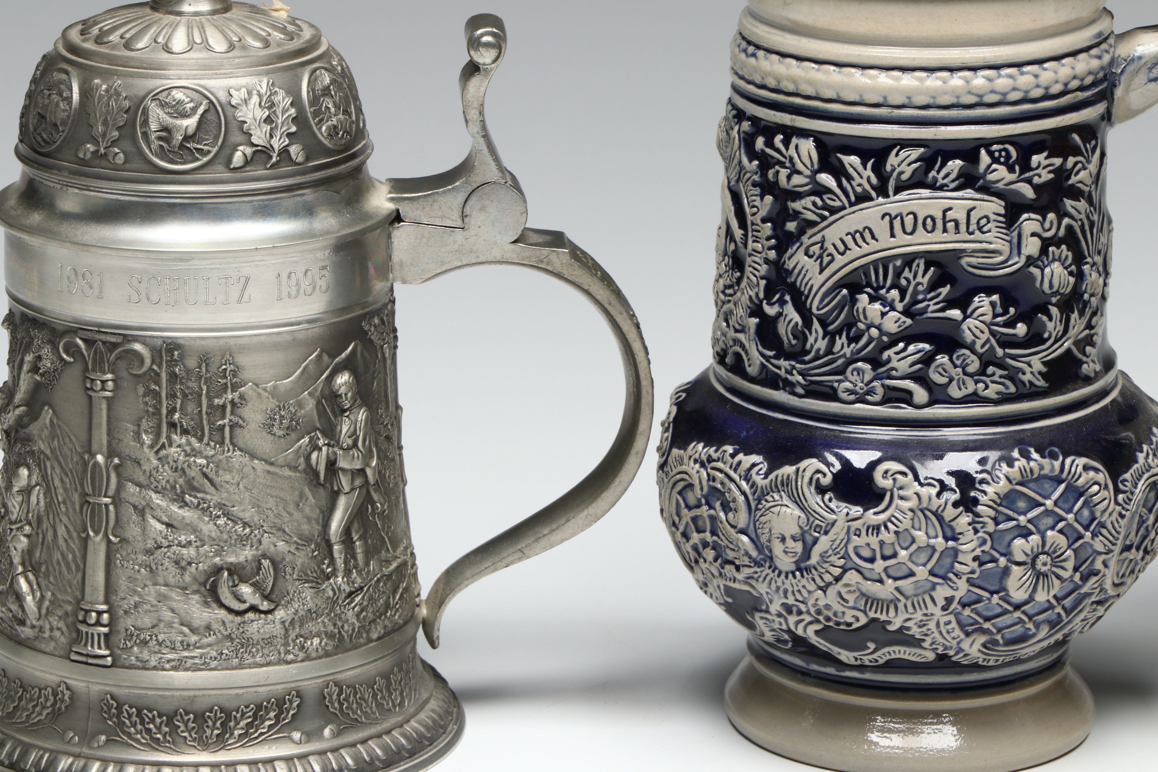 Thewalt and Reinhold Merkelbach Salt Glazed Stoneware Steins with SKS Tin Stein