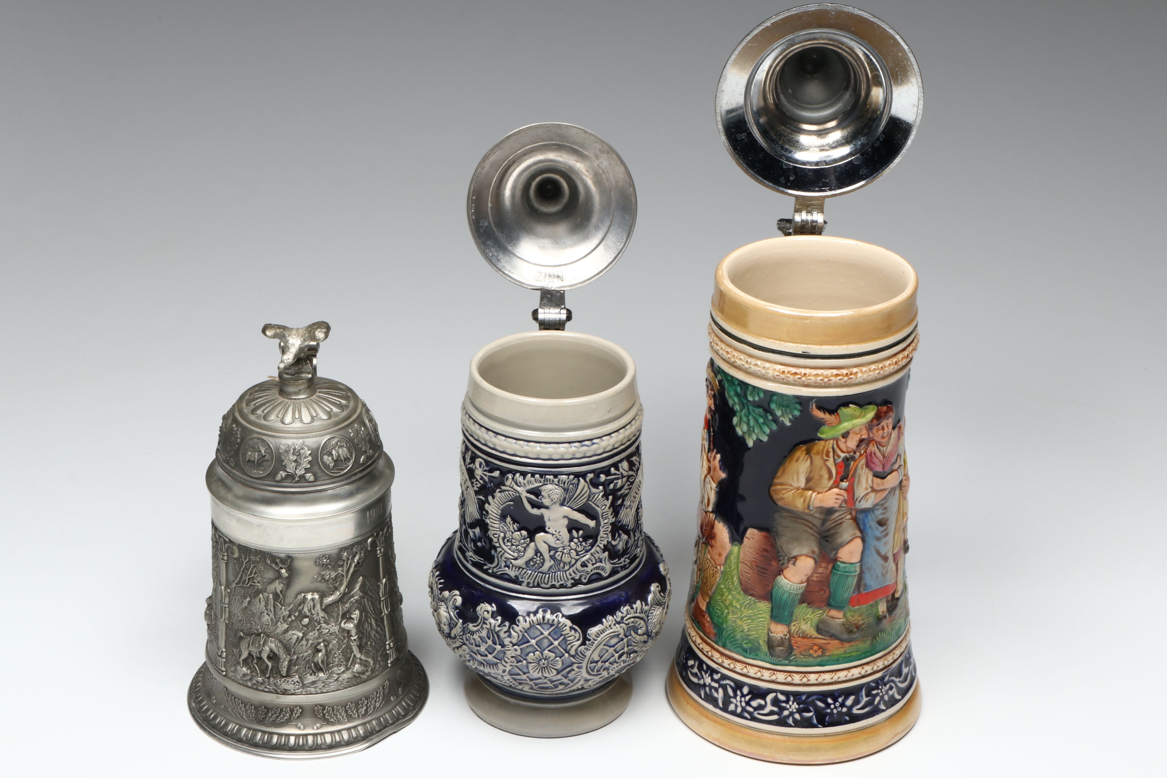 Thewalt and Reinhold Merkelbach Salt Glazed Stoneware Steins with SKS Tin Stein