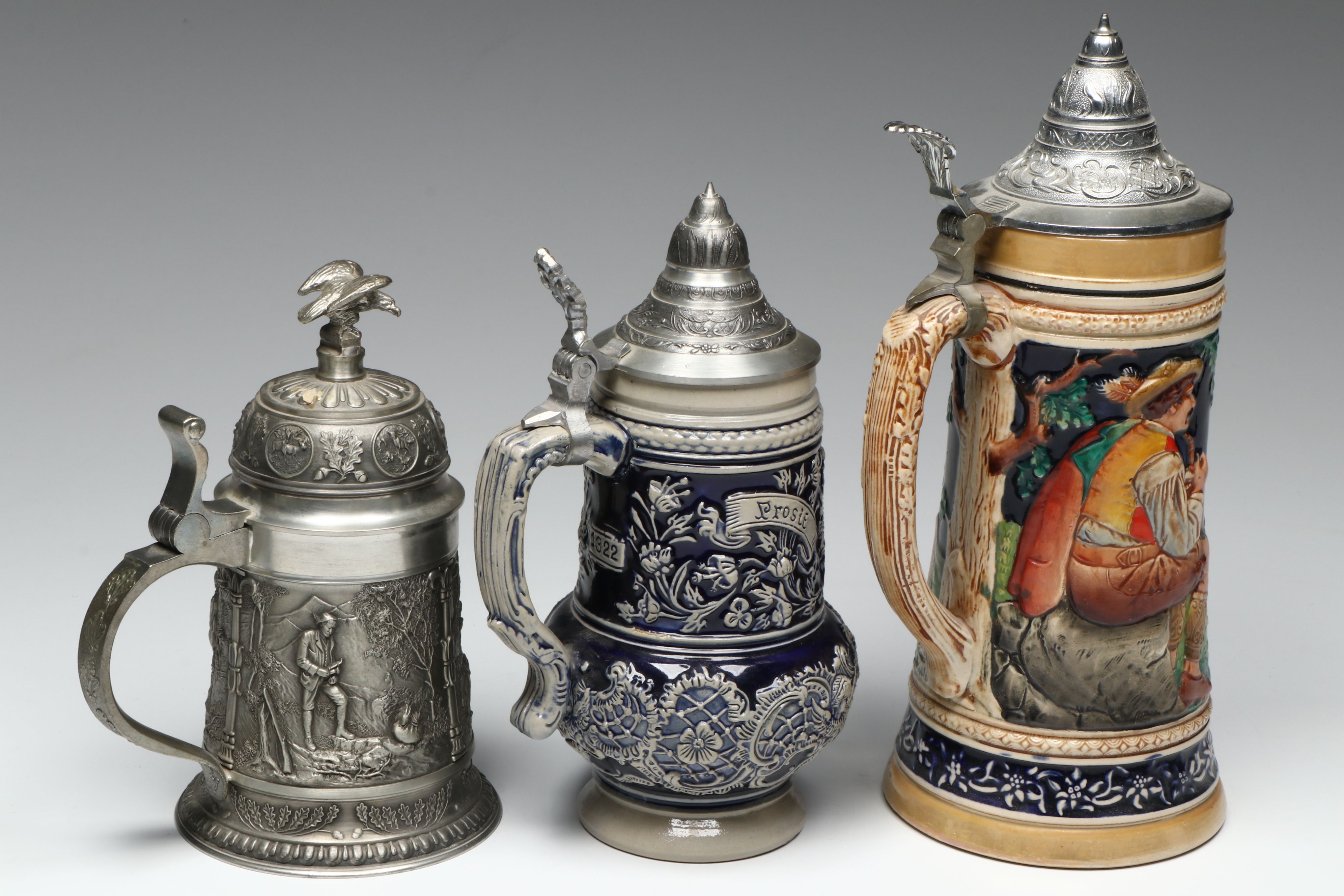 Thewalt and Reinhold Merkelbach Salt Glazed Stoneware Steins with SKS Tin Stein