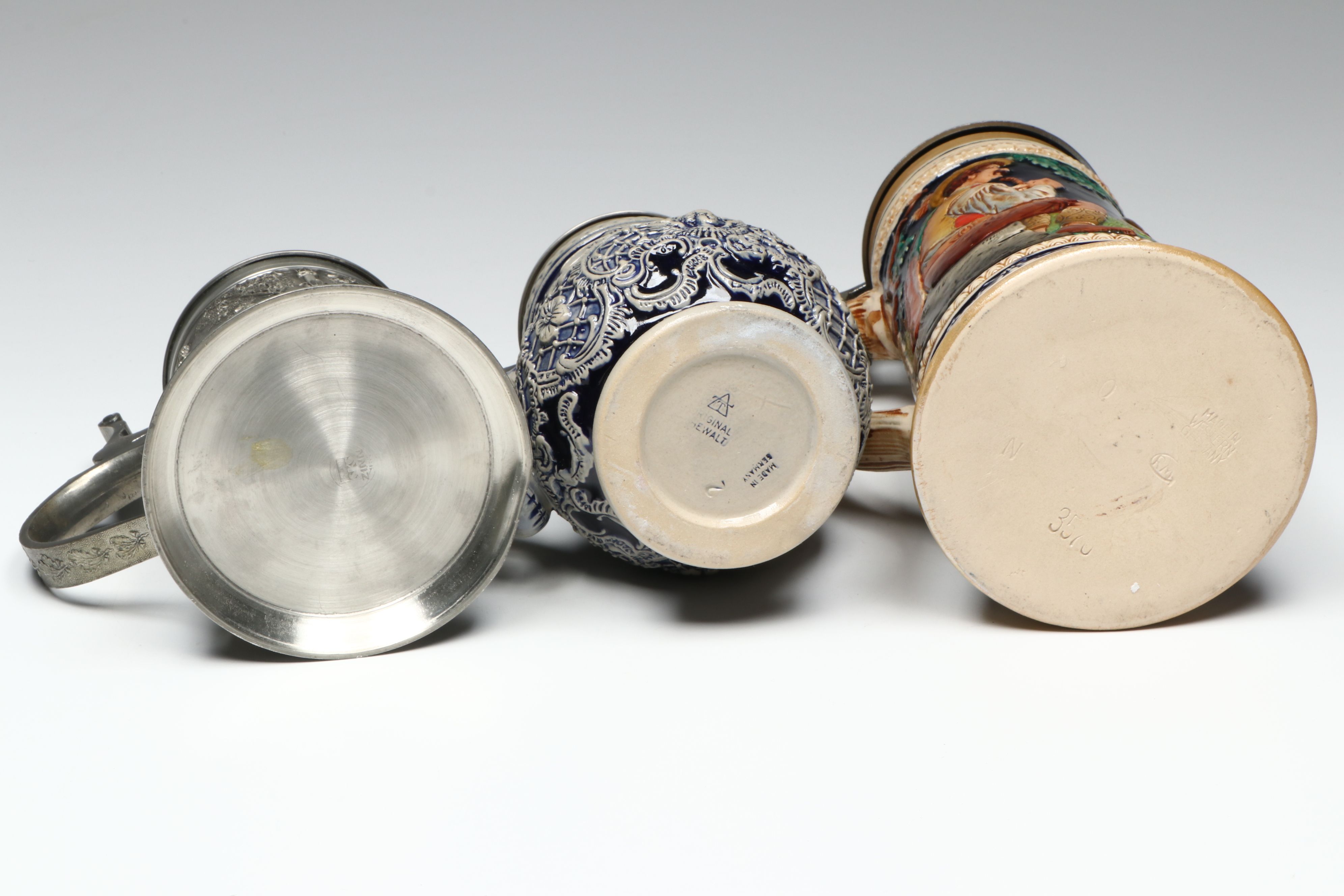 Thewalt and Reinhold Merkelbach Salt Glazed Stoneware Steins with SKS Tin Stein