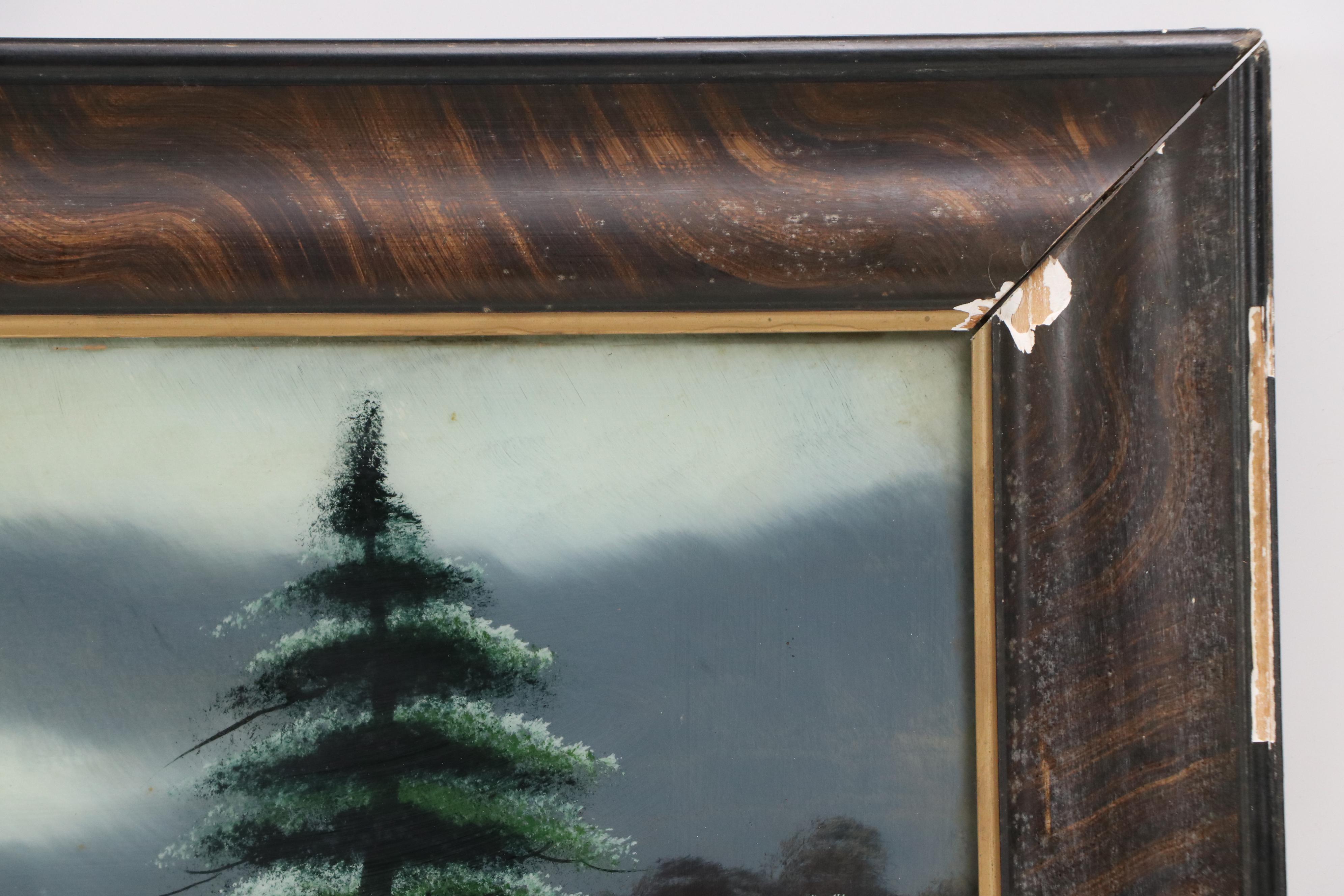 Nocturne Landscape Reverse Glass Painting of Winter Church