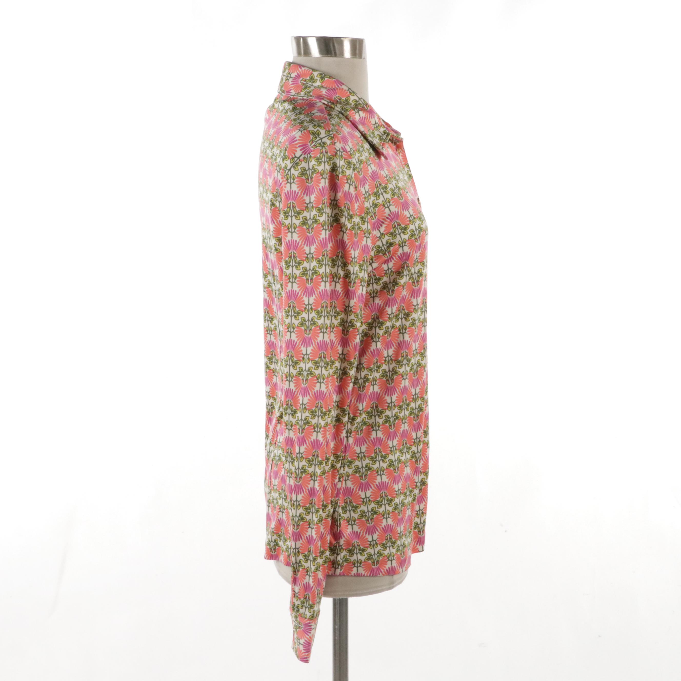 Tory Burch Silk Printed Long Sleeve Button-Down Top