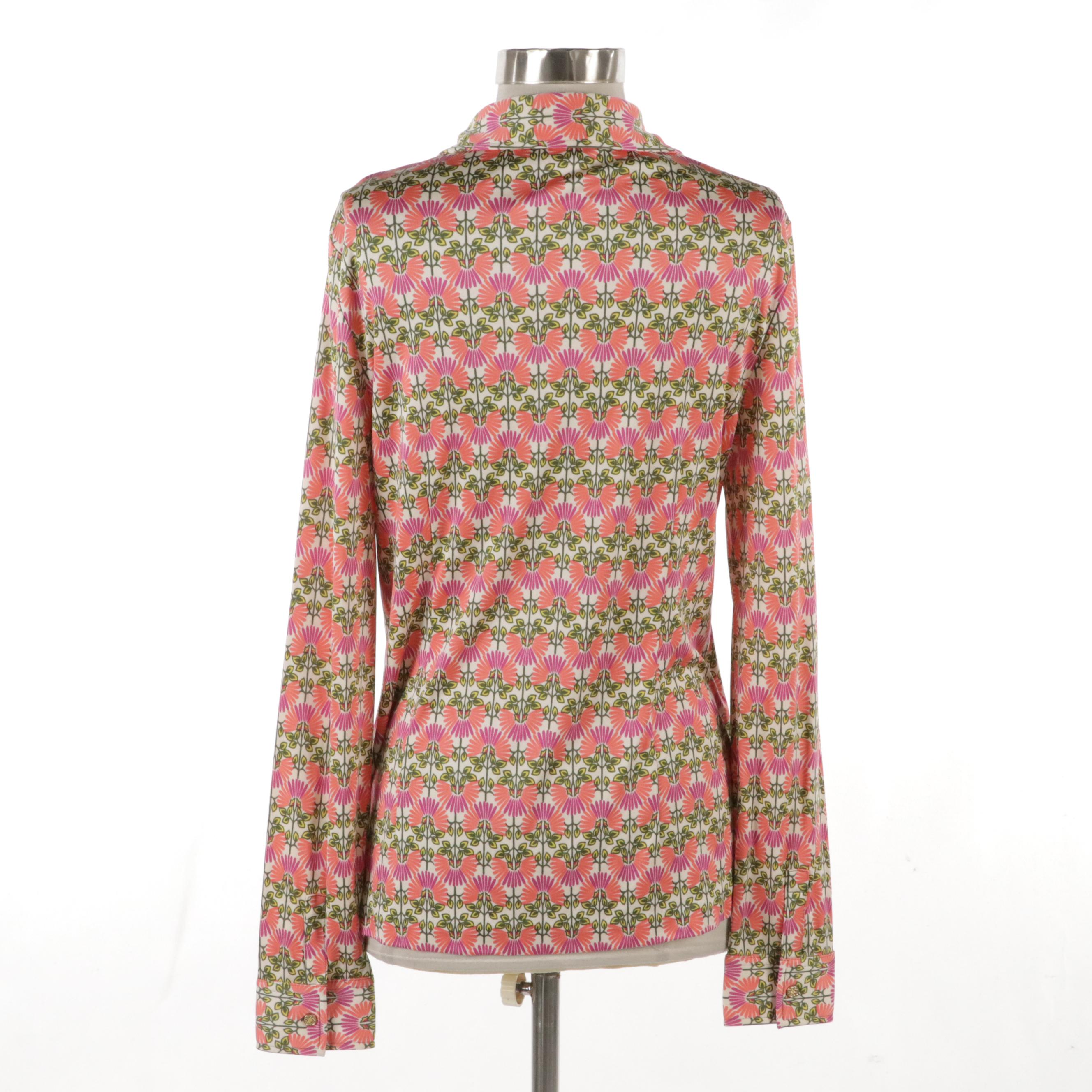 Tory Burch Silk Printed Long Sleeve Button-Down Top