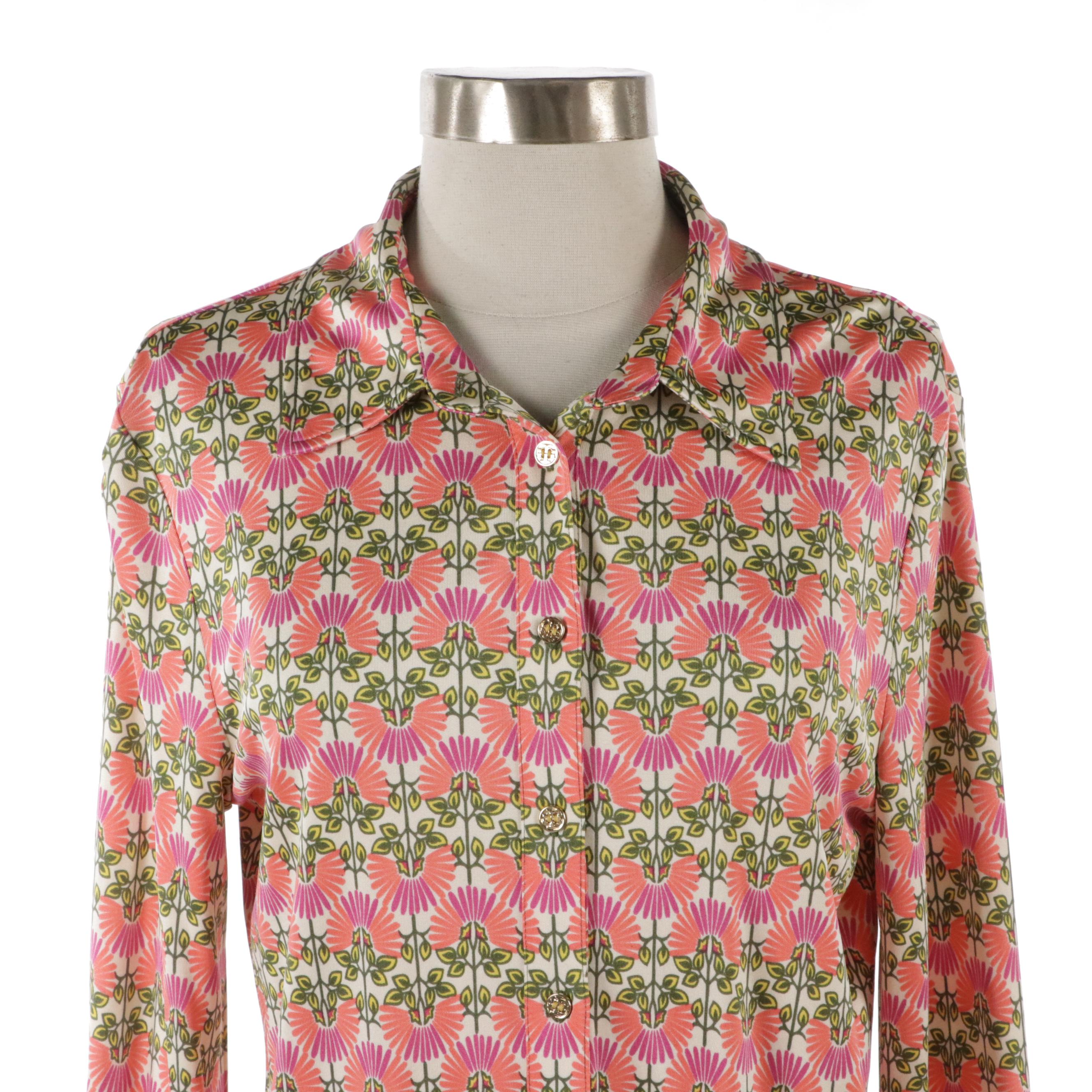 Tory Burch Silk Printed Long Sleeve Button-Down Top