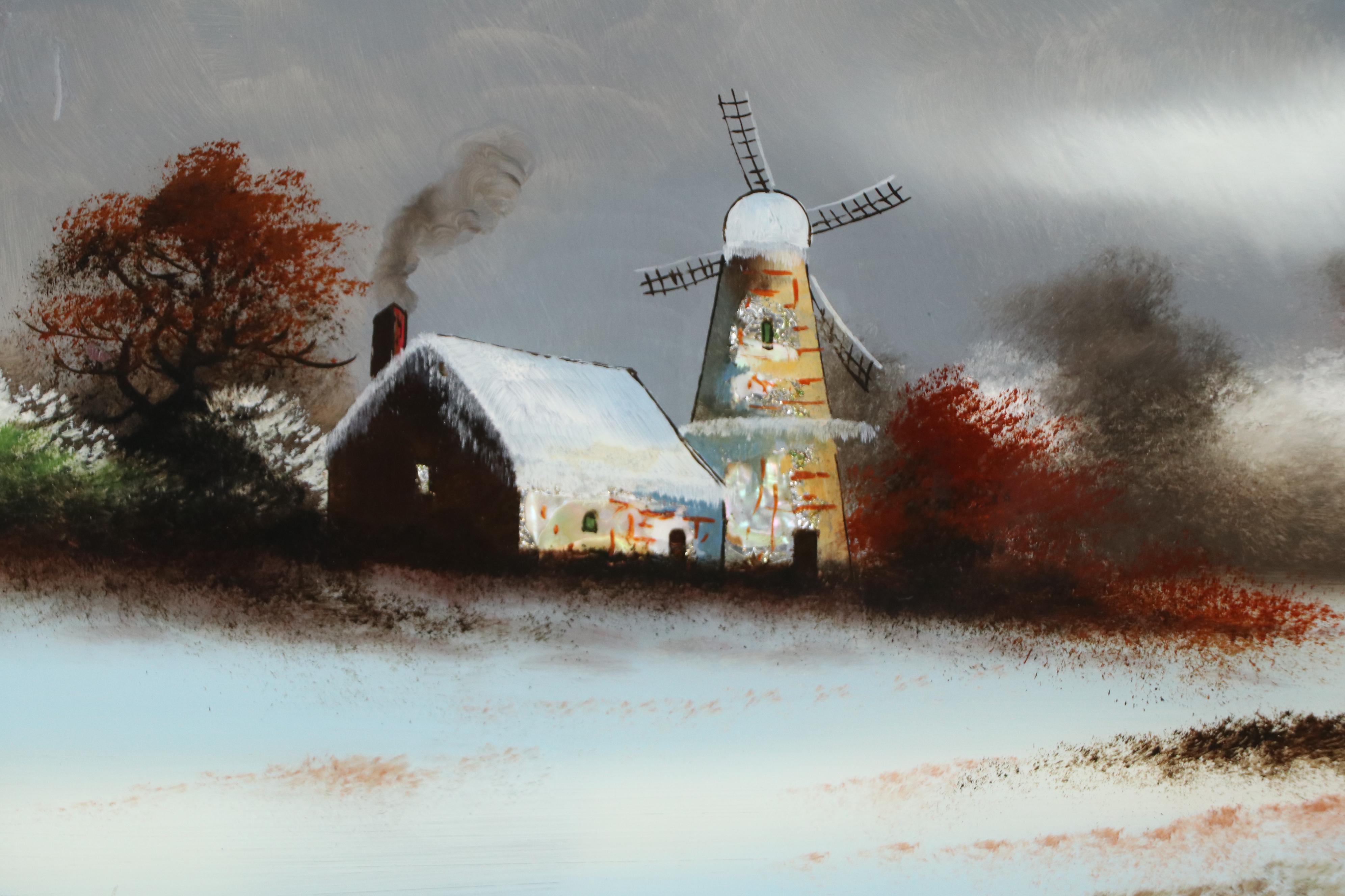 Nocturne Winter Landscape Reverse Glass Painting of Barns with Windmills