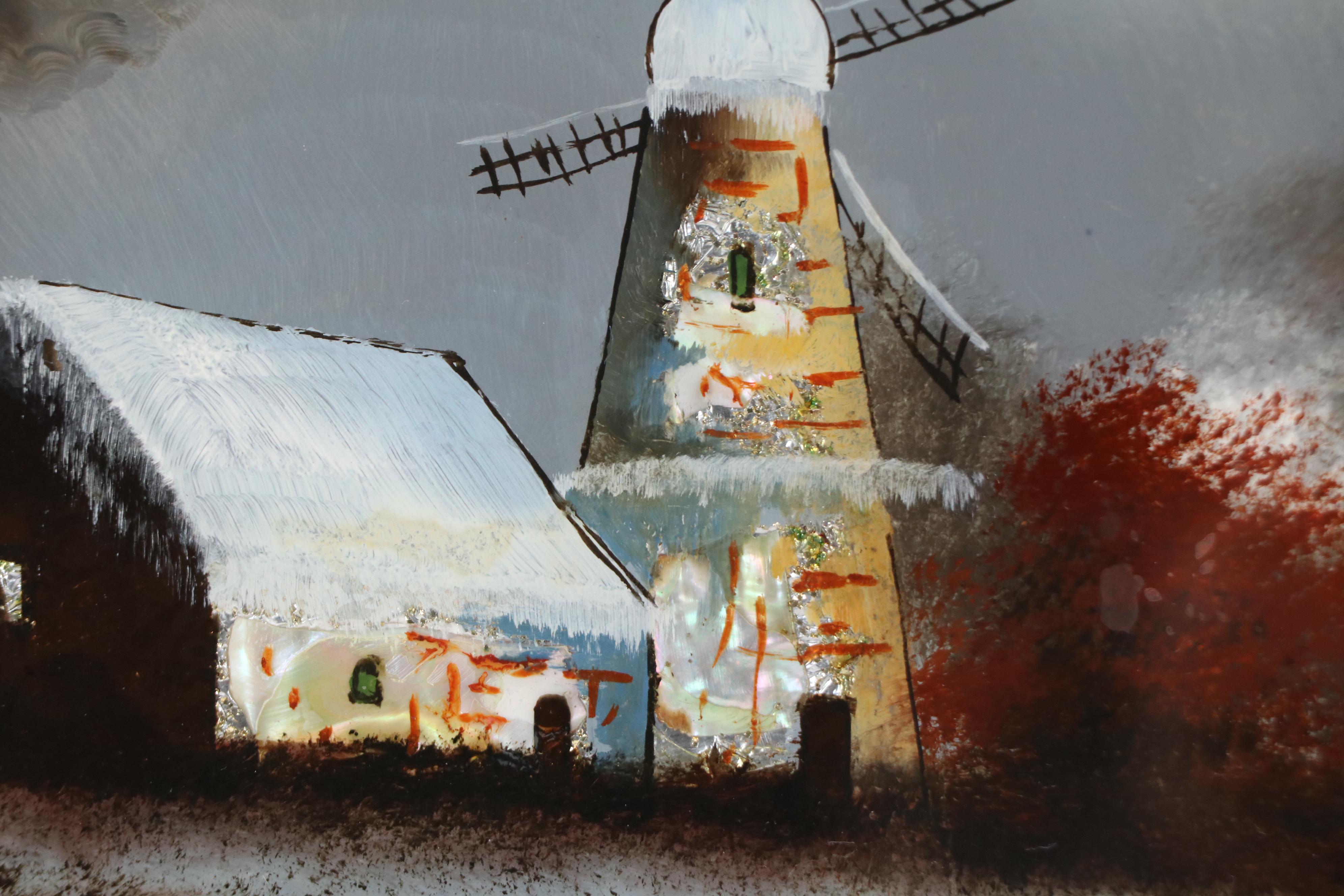 Nocturne Winter Landscape Reverse Glass Painting of Barns with Windmills