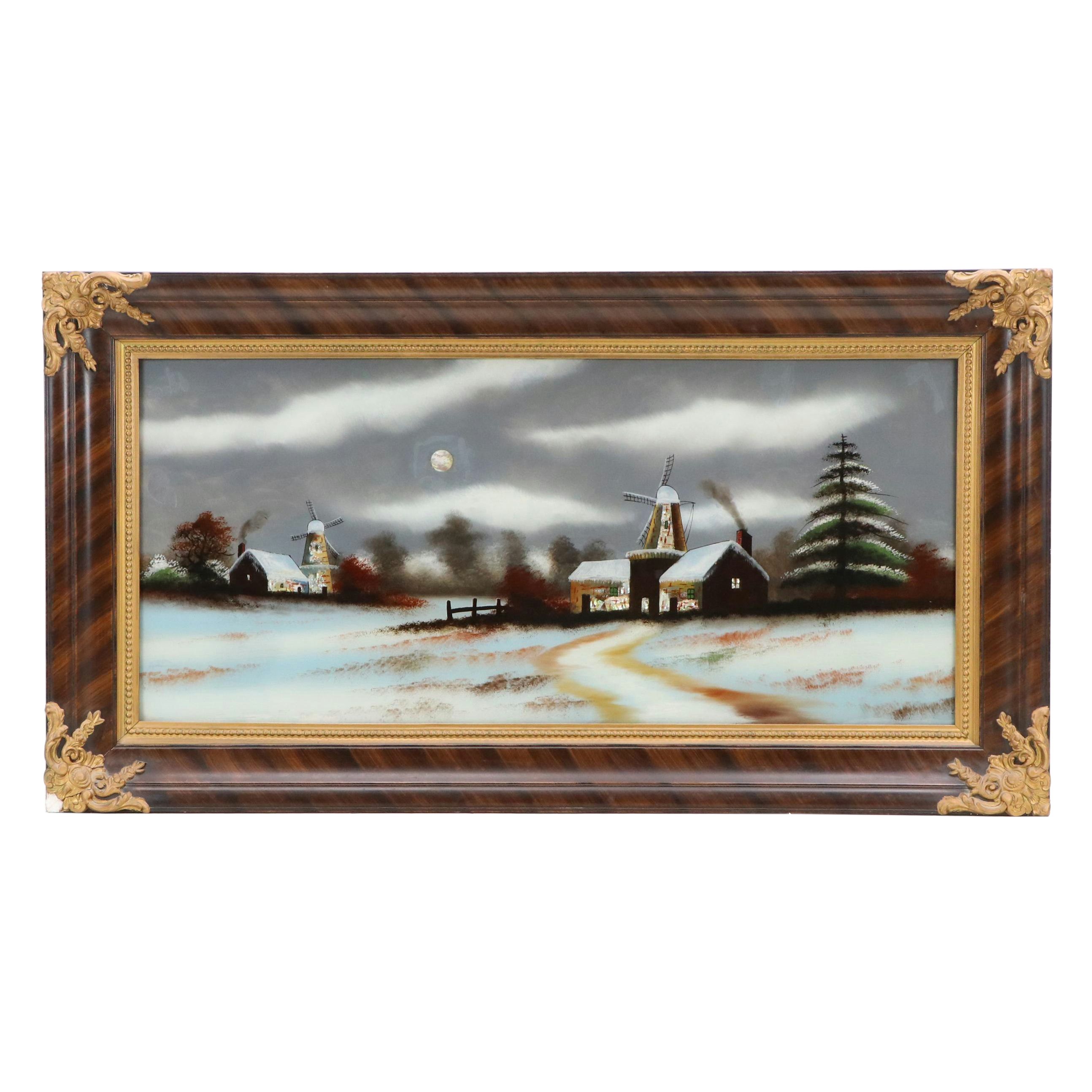 Nocturne Winter Landscape Reverse Glass Painting of Barns with Windmills