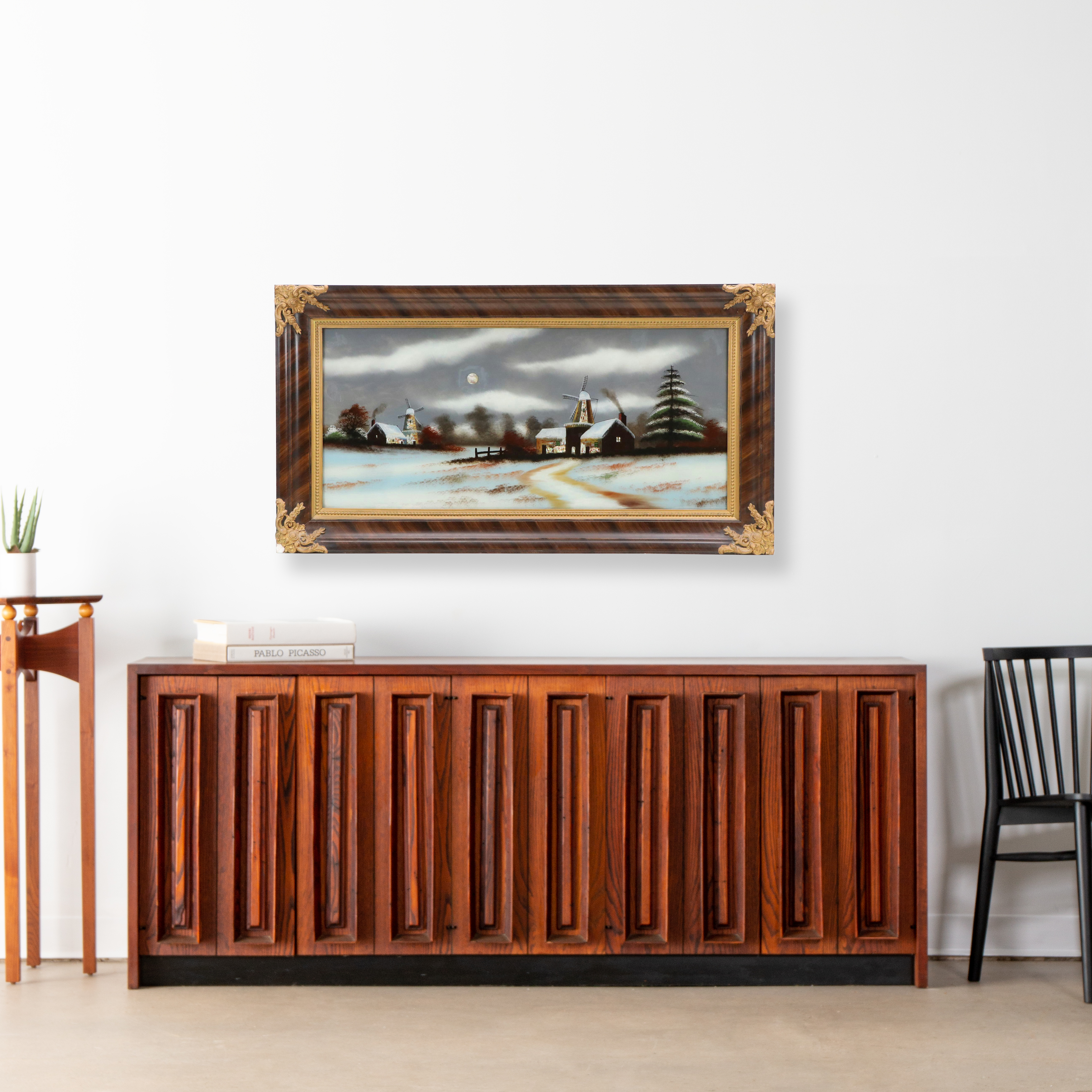 Nocturne Winter Landscape Reverse Glass Painting of Barns with Windmills