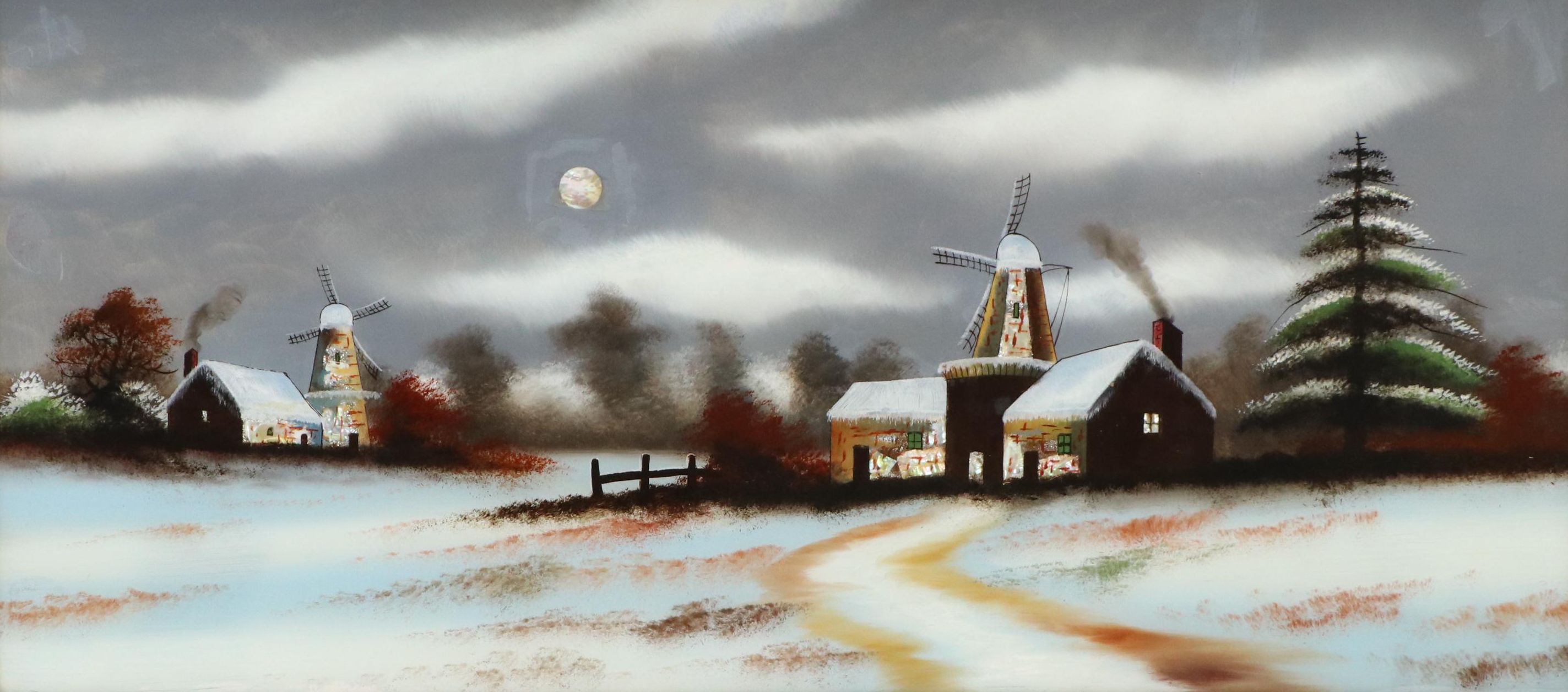 Nocturne Winter Landscape Reverse Glass Painting of Barns with Windmills