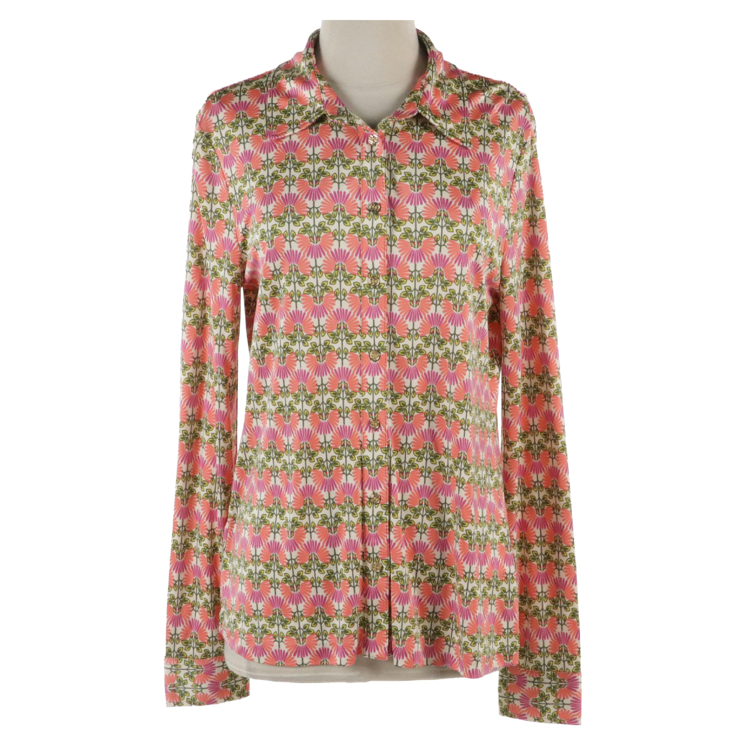 Tory Burch Silk Printed Long Sleeve Button-Down Top