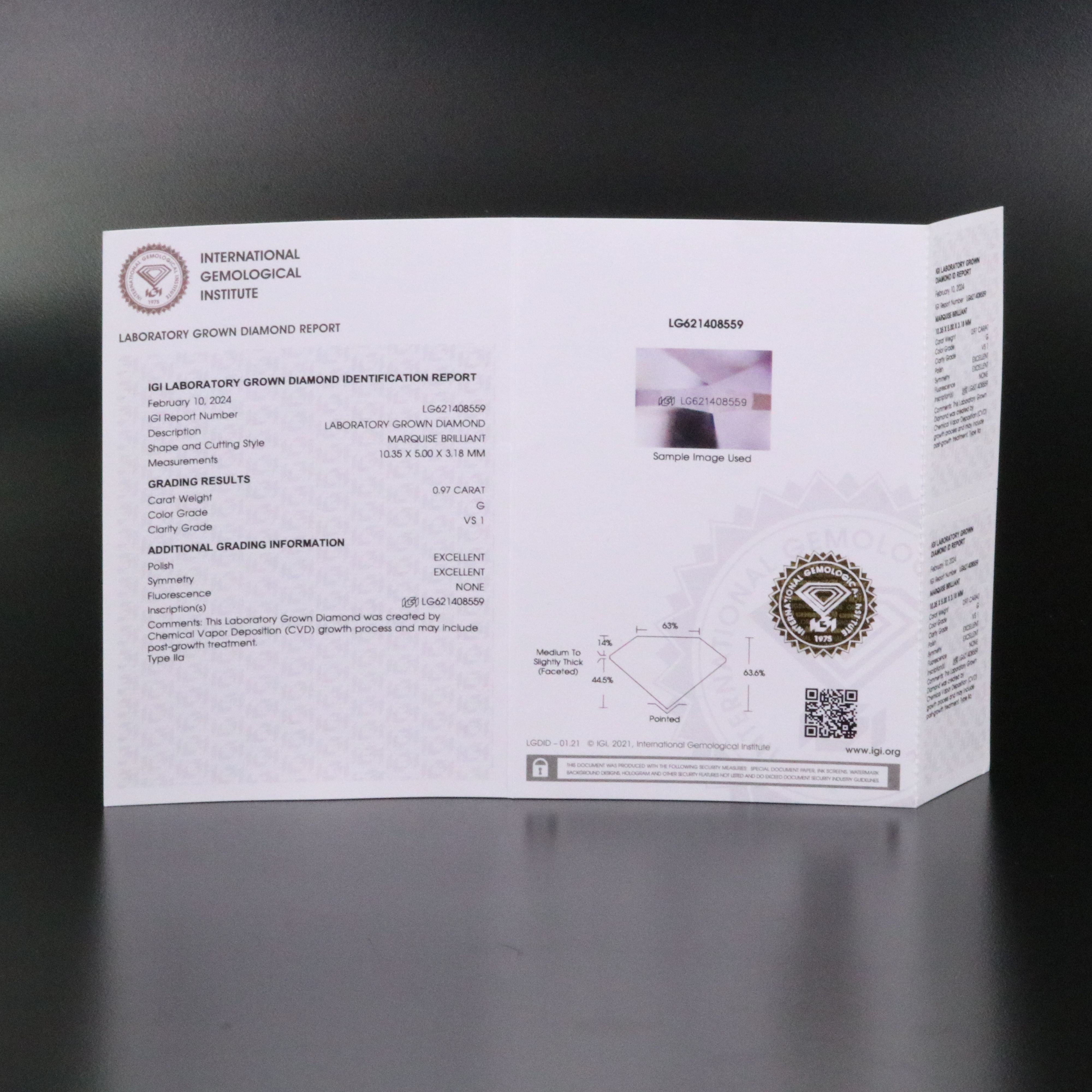 Loose 0.97 CT Lab Grown Diamond with IGI Report