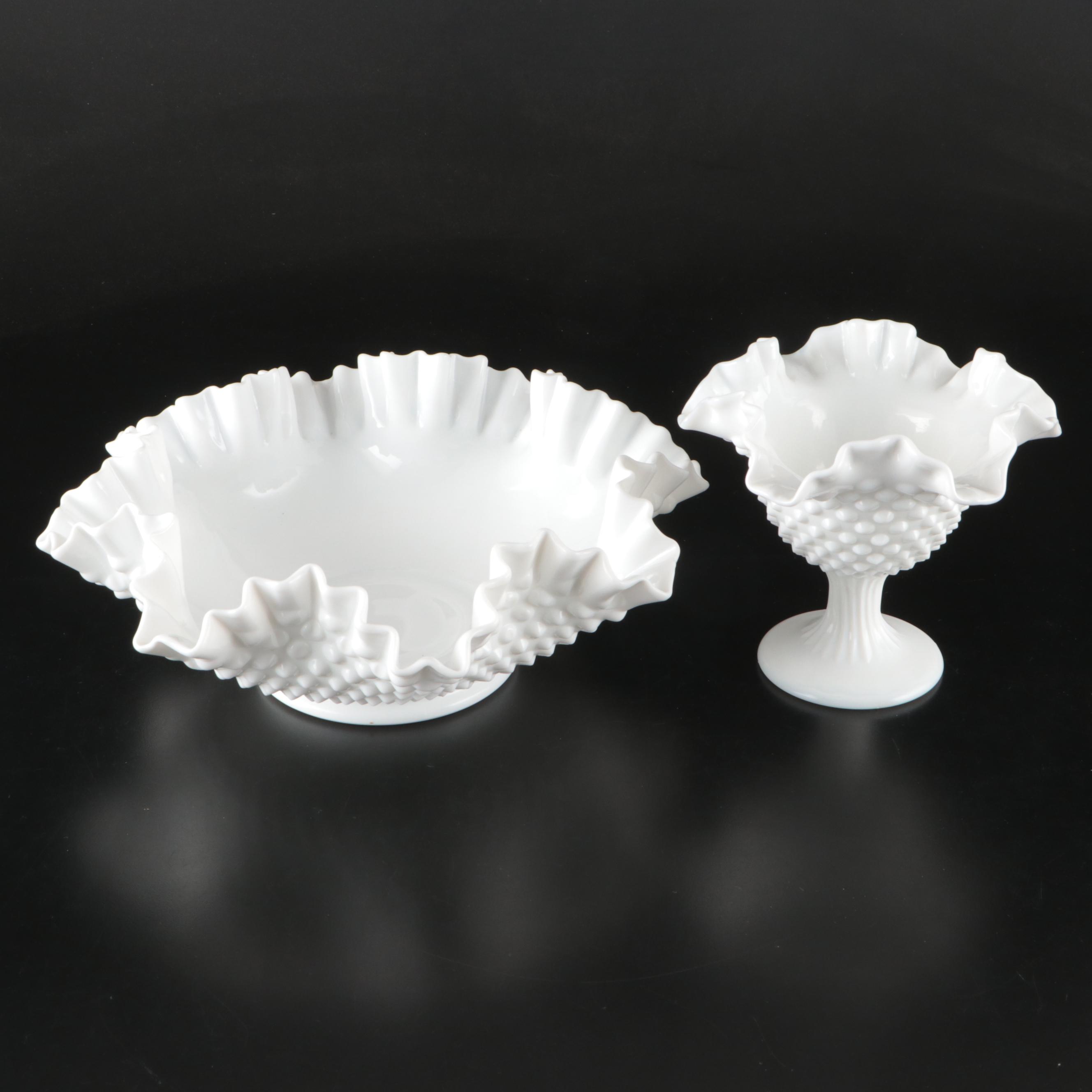 Fenton "Hobnail" Ruffled Milk Glass Serving Bowl and Compote