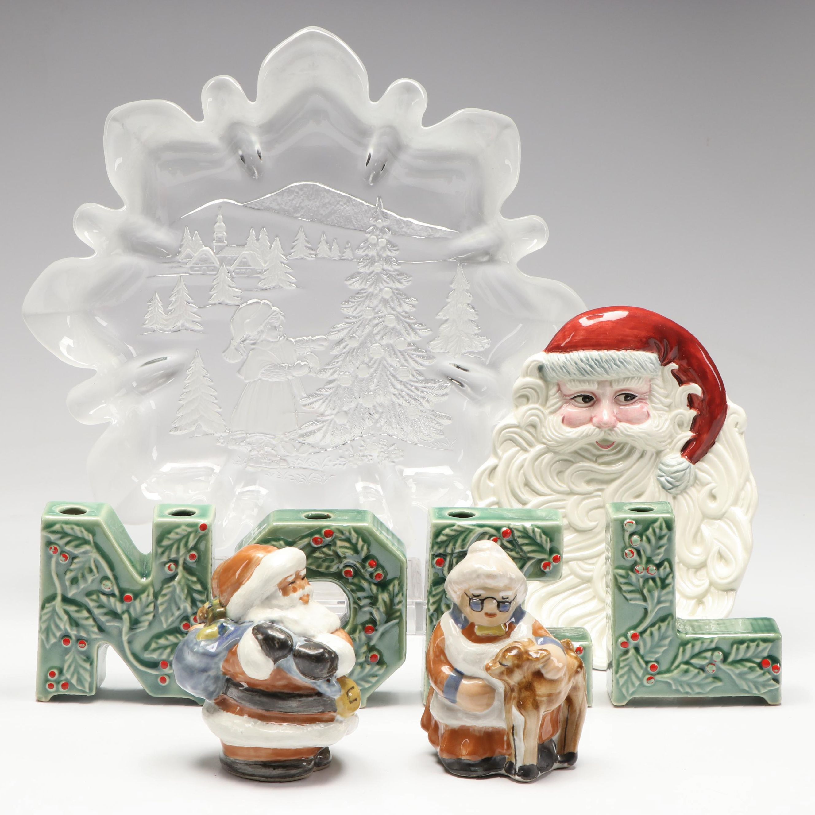 Louisville Stoneware Mr. and Mrs. Claus Figurines with Other Seasonal Décor