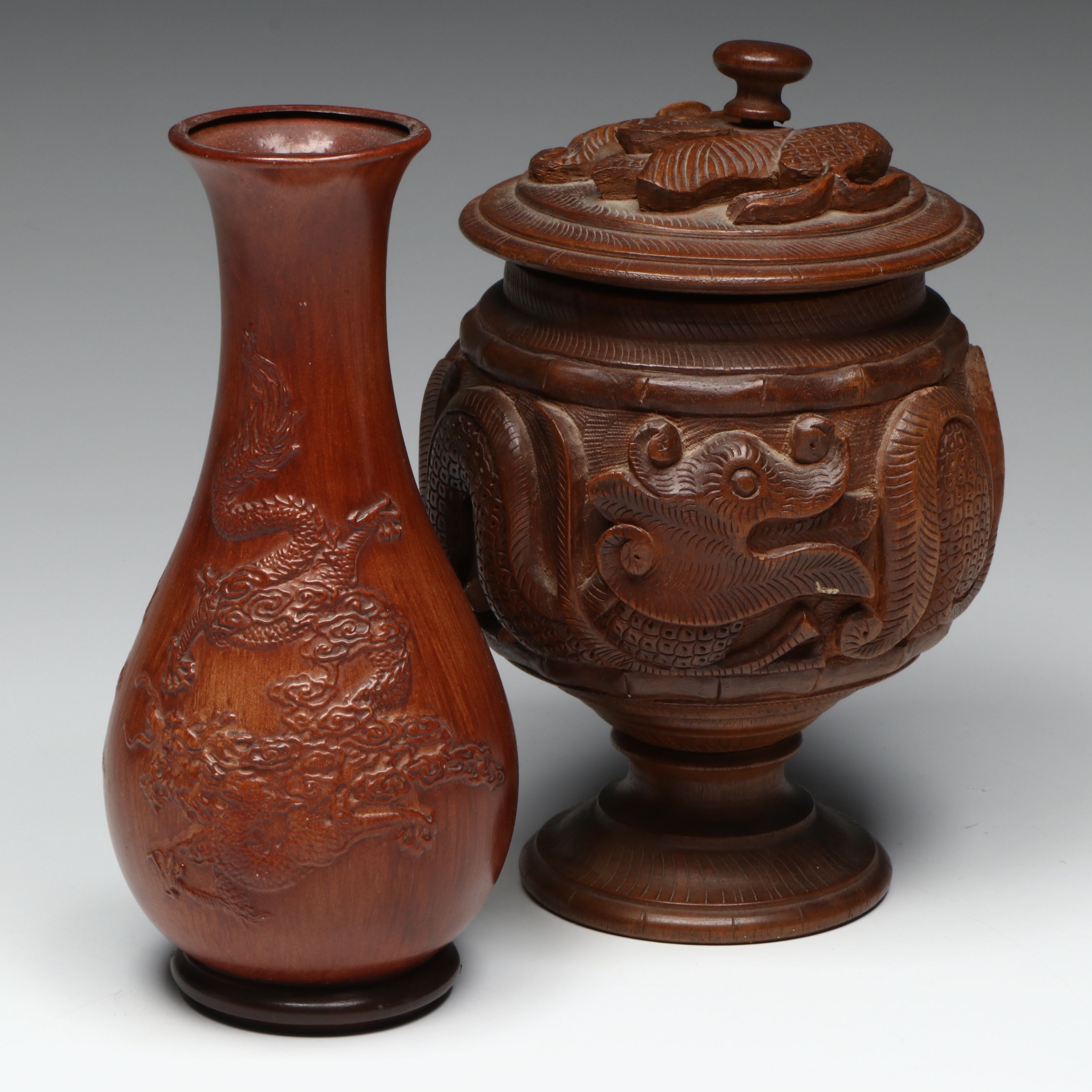 Asian Style Hand-Carved Lidded Dragon Vessel with Other Wooden Vase