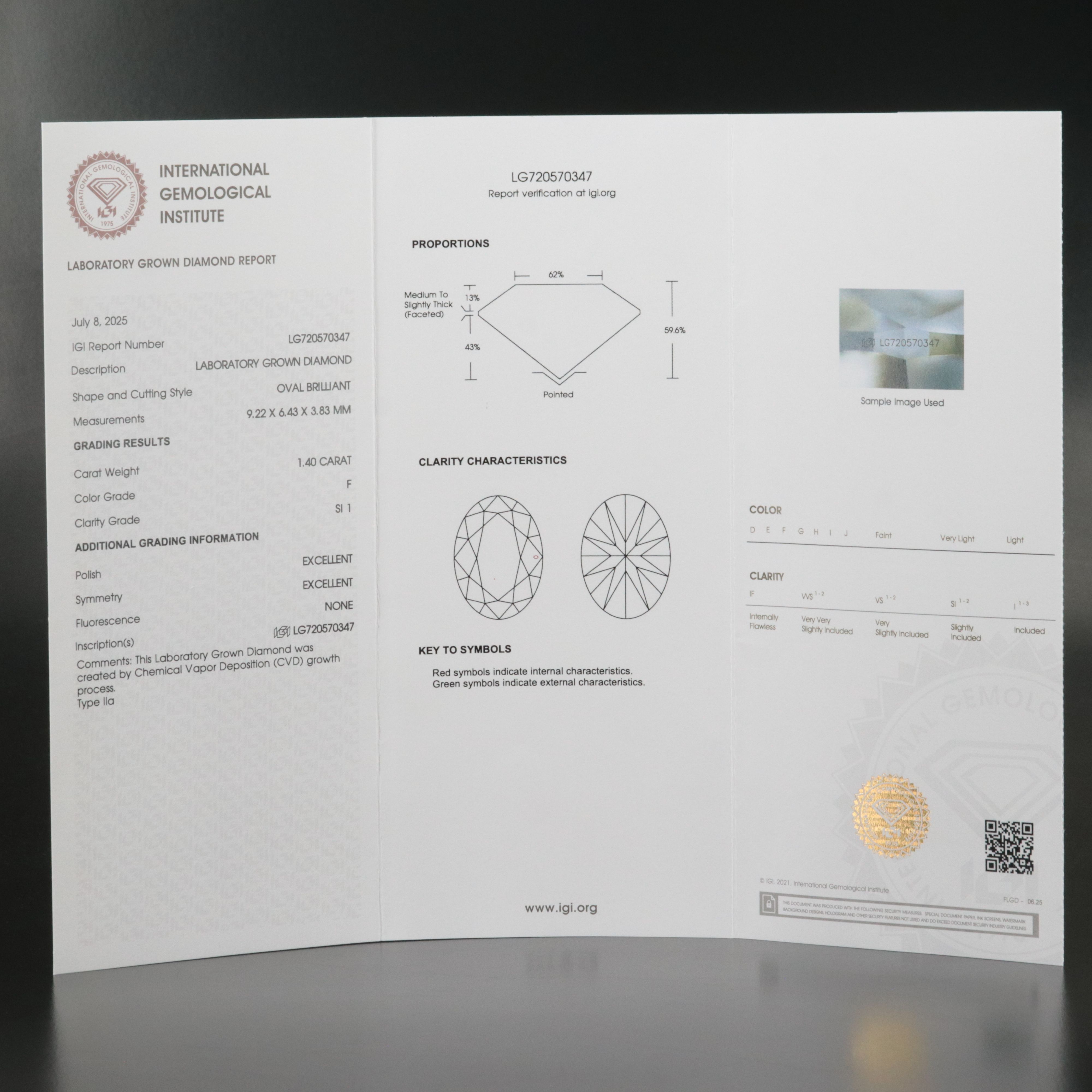 Loose 1.40 CT Lab Grown Diamond with IGI Report